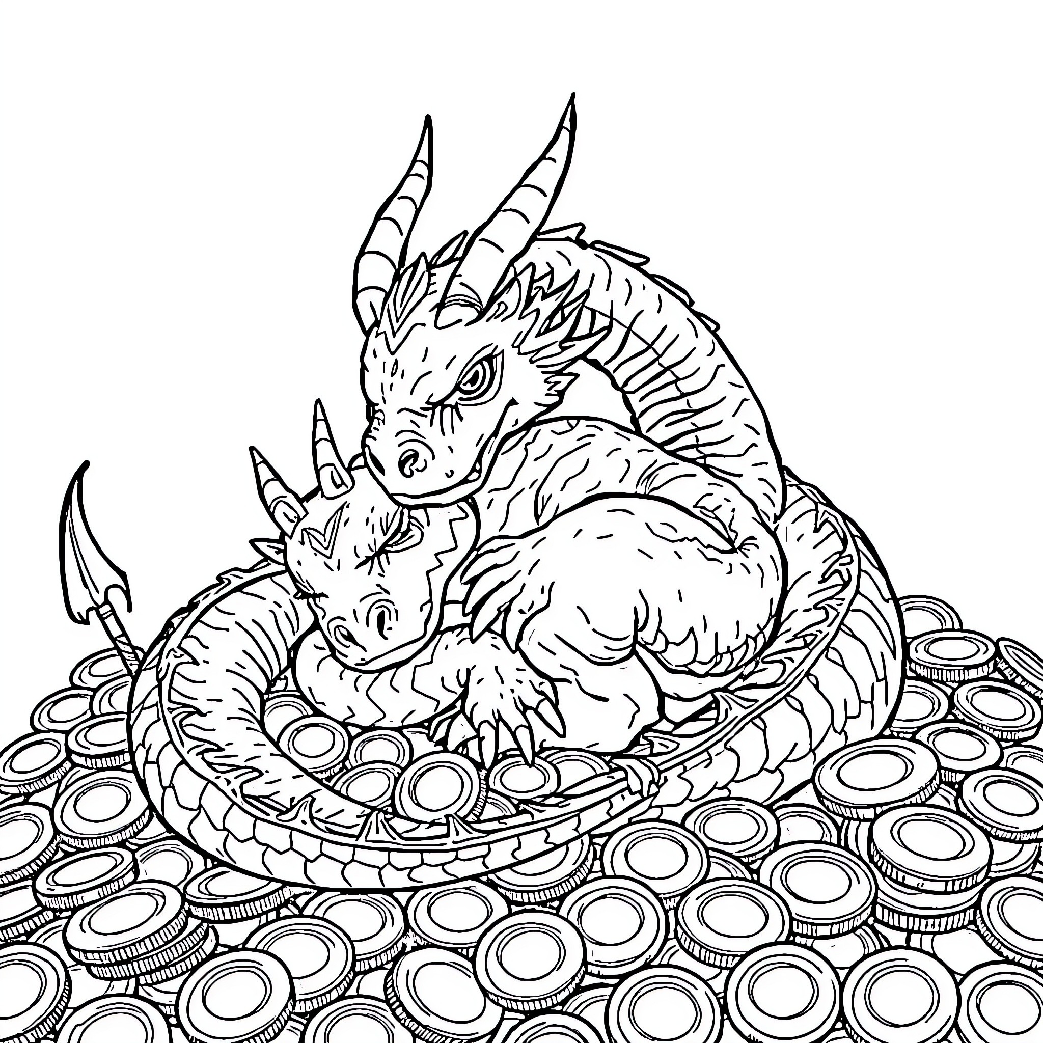 Dragon guarding a hoard of shiny treasures Coloring Page (free black-and-white line drawing printable PDF for all, from beginners to advanced learners, including children, teens, adults, and seniors)