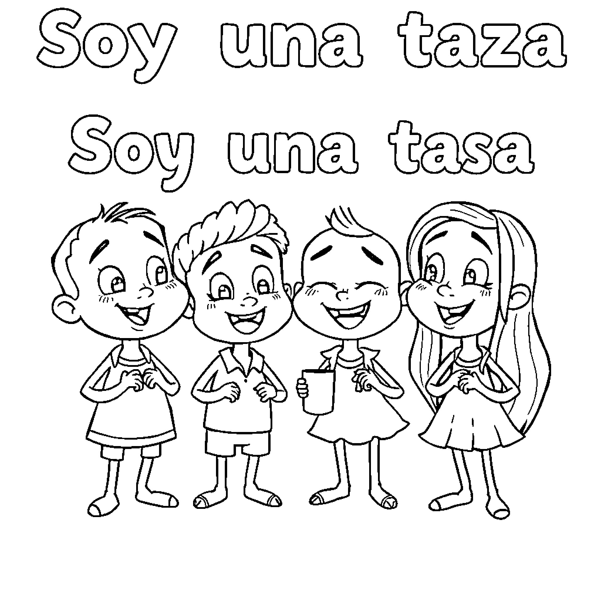 Personajes disfrutando juntos de una taza Coloring Page (free black-and-white line drawing printable PDF for all, from beginners to advanced learners, including children, teens, adults, and seniors)