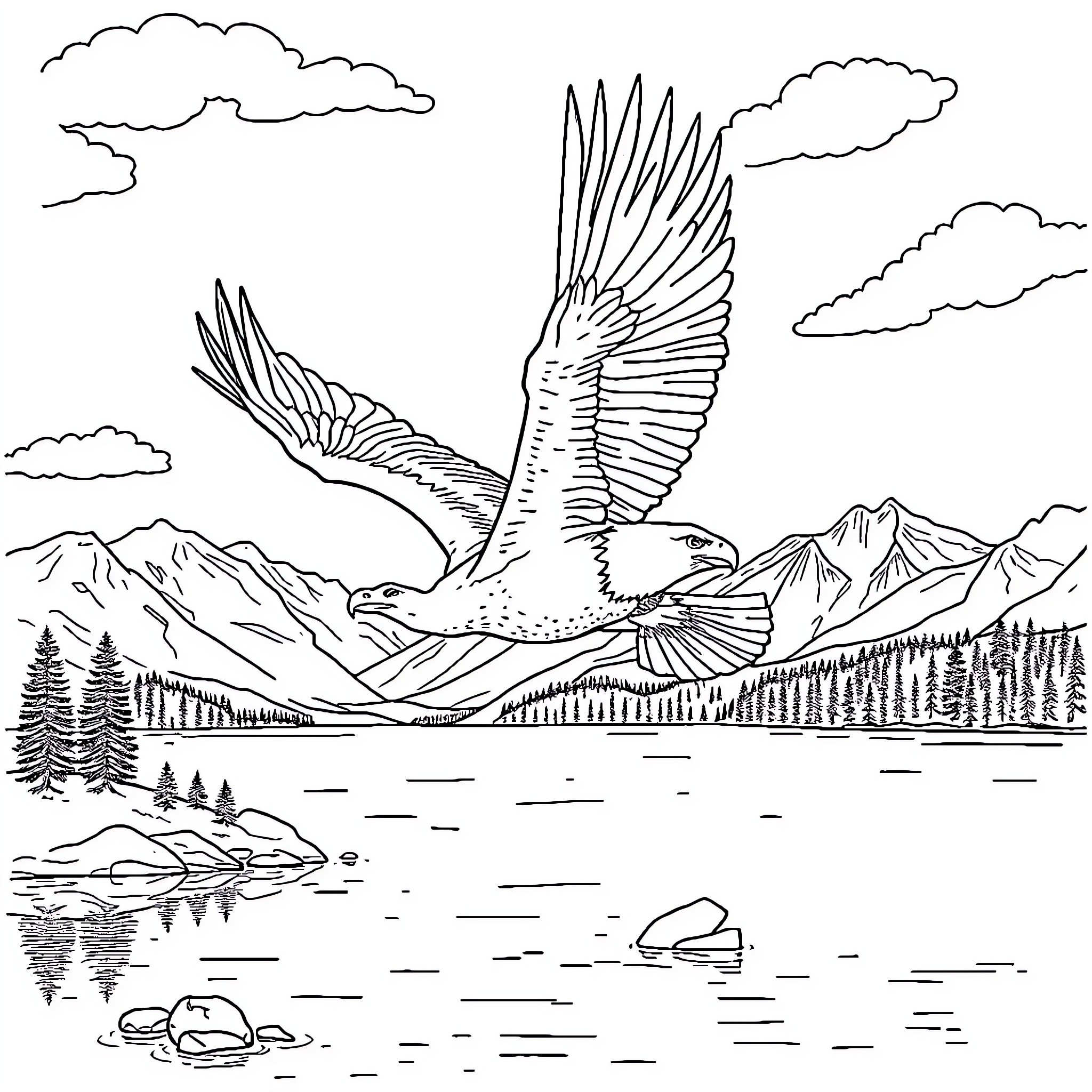 Eagle soaring majestically over scenic landscape Coloring Page (free black-and-white line drawing printable PDF for all, from beginners to advanced learners, including children, teens, adults, and seniors)