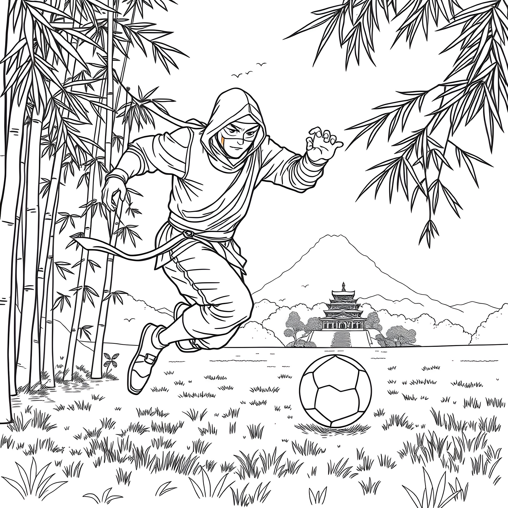 Ninja in the Bamboo Forest Playing Soccer Coloring Page (free black-and-white line drawing printable PDF for all, from beginners to advanced learners, including children, teens, adults, and seniors)