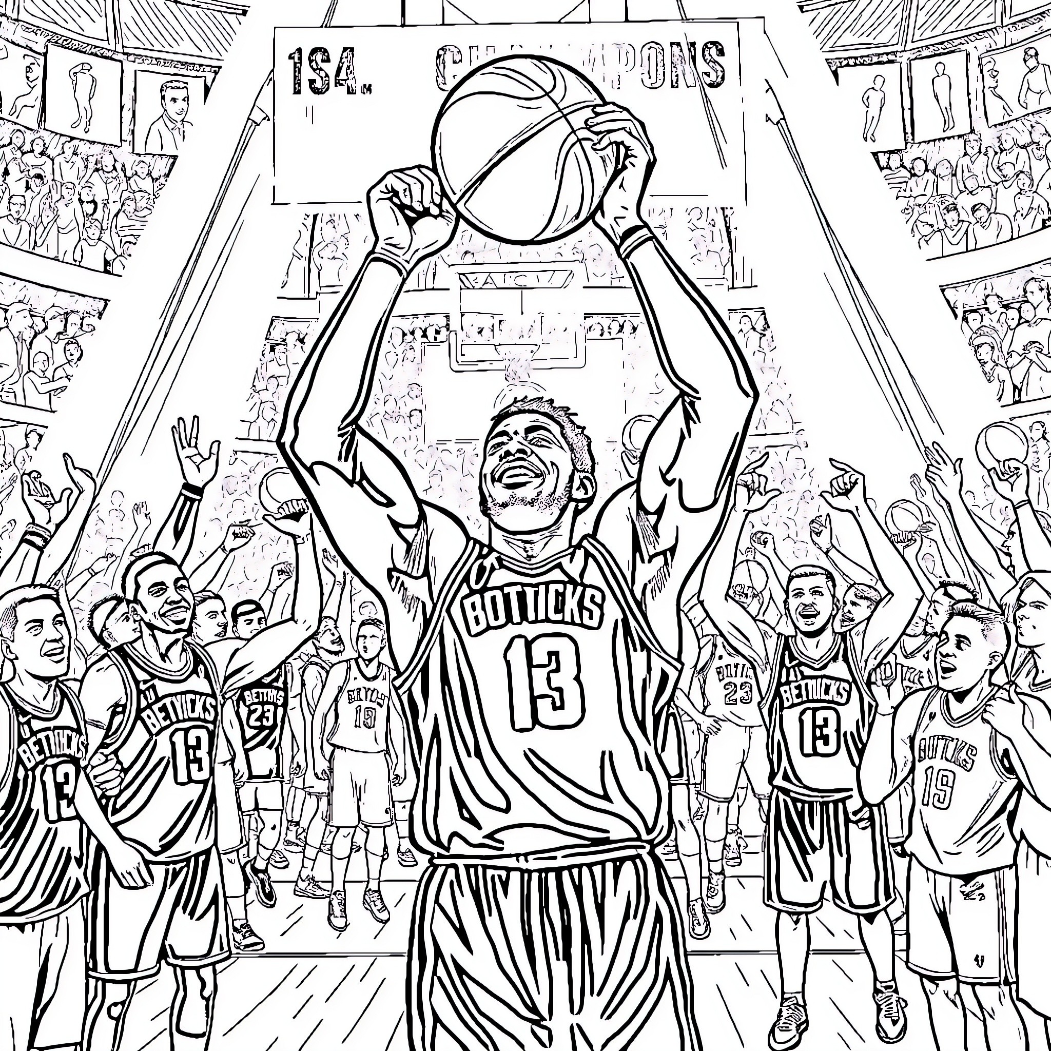 Derrick Rose Celebrates Basketball Victory in Energetic Arena Coloring Page (free black-and-white line drawing printable PDF for all, from beginners to advanced learners, including children, teens, adults, and seniors)