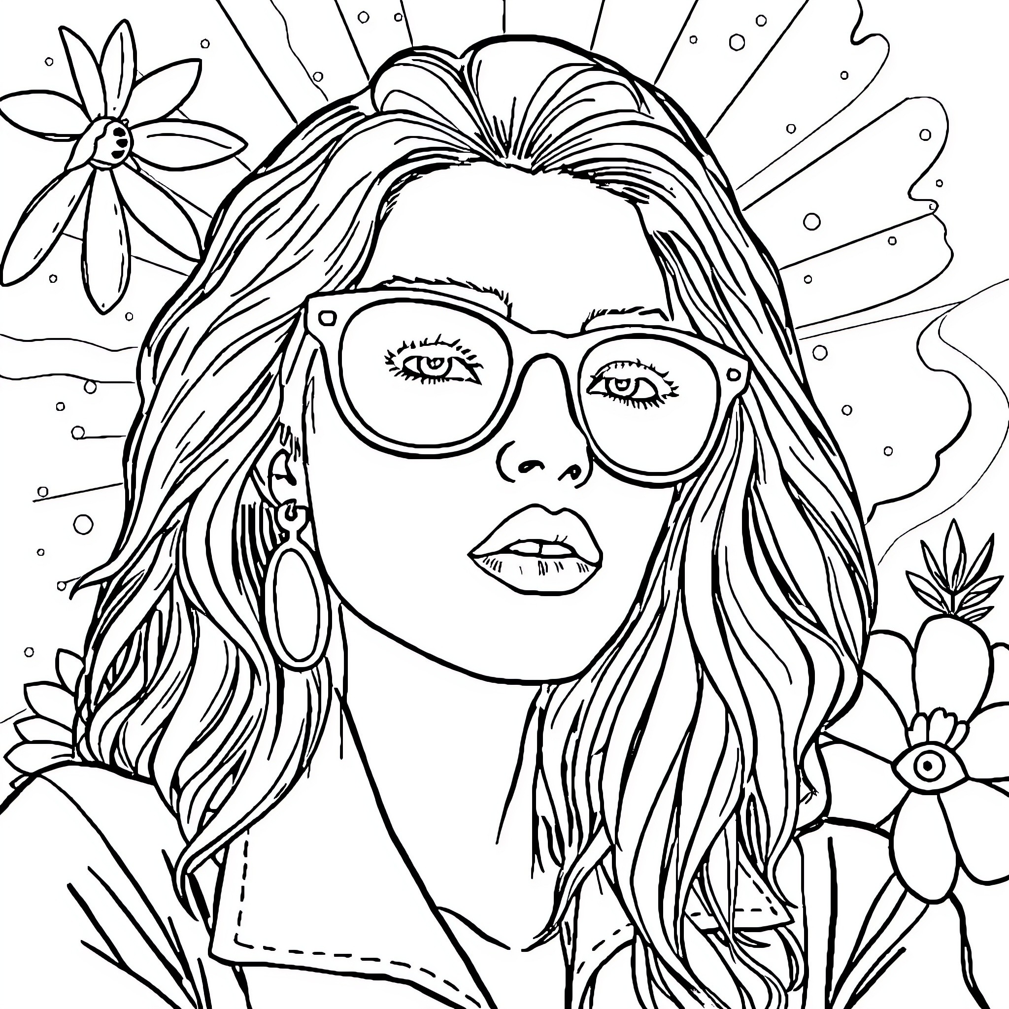 Retro Whimsical Girl with Flowers and Sunglasses Coloring Page (free black-and-white line drawing printable PDF for all, from beginners to advanced learners, including children, teens, adults, and seniors)