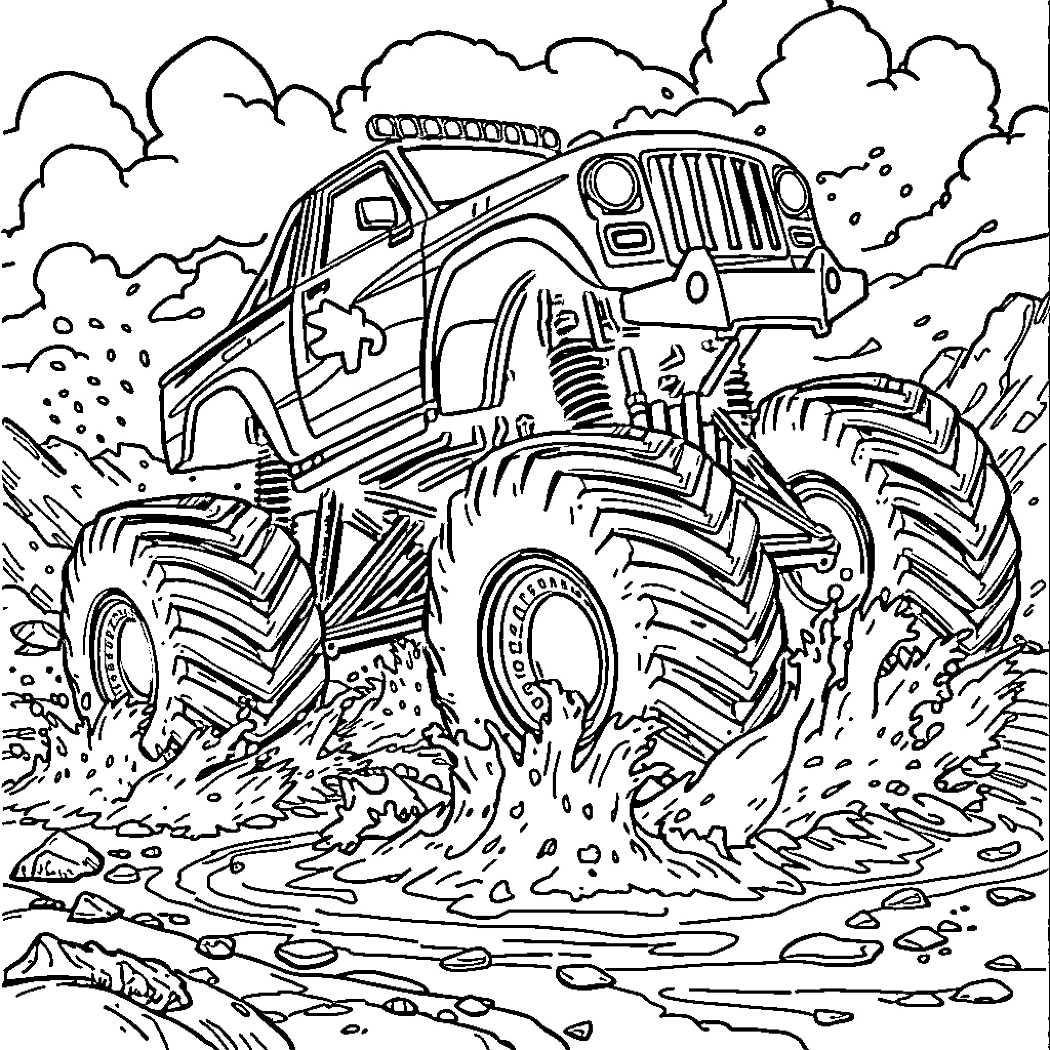 Monster Truck Navigating Through Rugged Terrain Coloring Page (free black-and-white line drawing printable PDF for all, from beginners to advanced learners, including children, teens, adults, and seniors)
