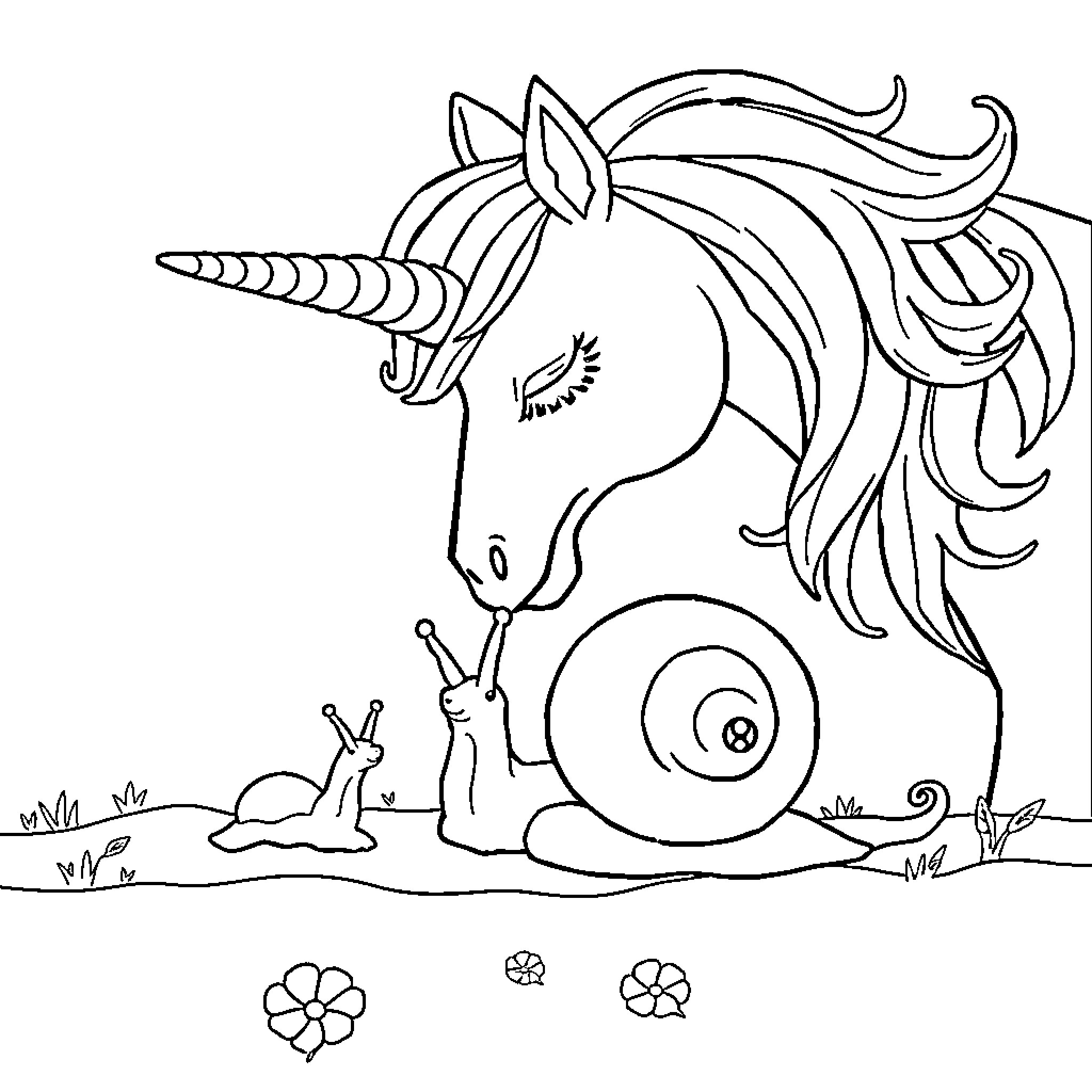 Unicorn interacting with whimsical creatures in a nature scene Coloring Page (free black-and-white line drawing printable PDF for all, from beginners to advanced learners, including children, teens, adults, and seniors)