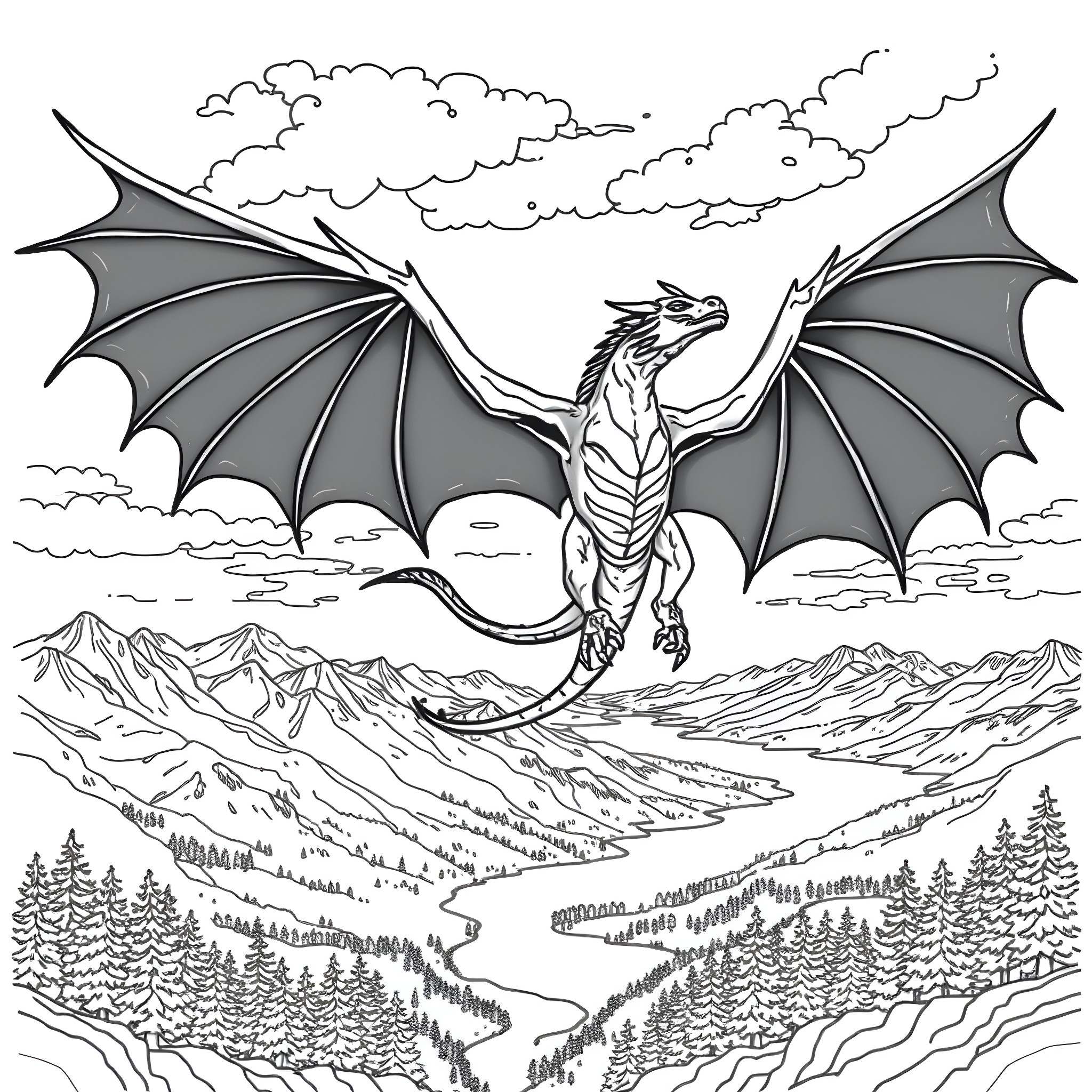 Dragon soaring over majestic mountain landscape Coloring Page (free black-and-white line drawing printable PDF for all, from beginners to advanced learners, including children, teens, adults, and seniors)