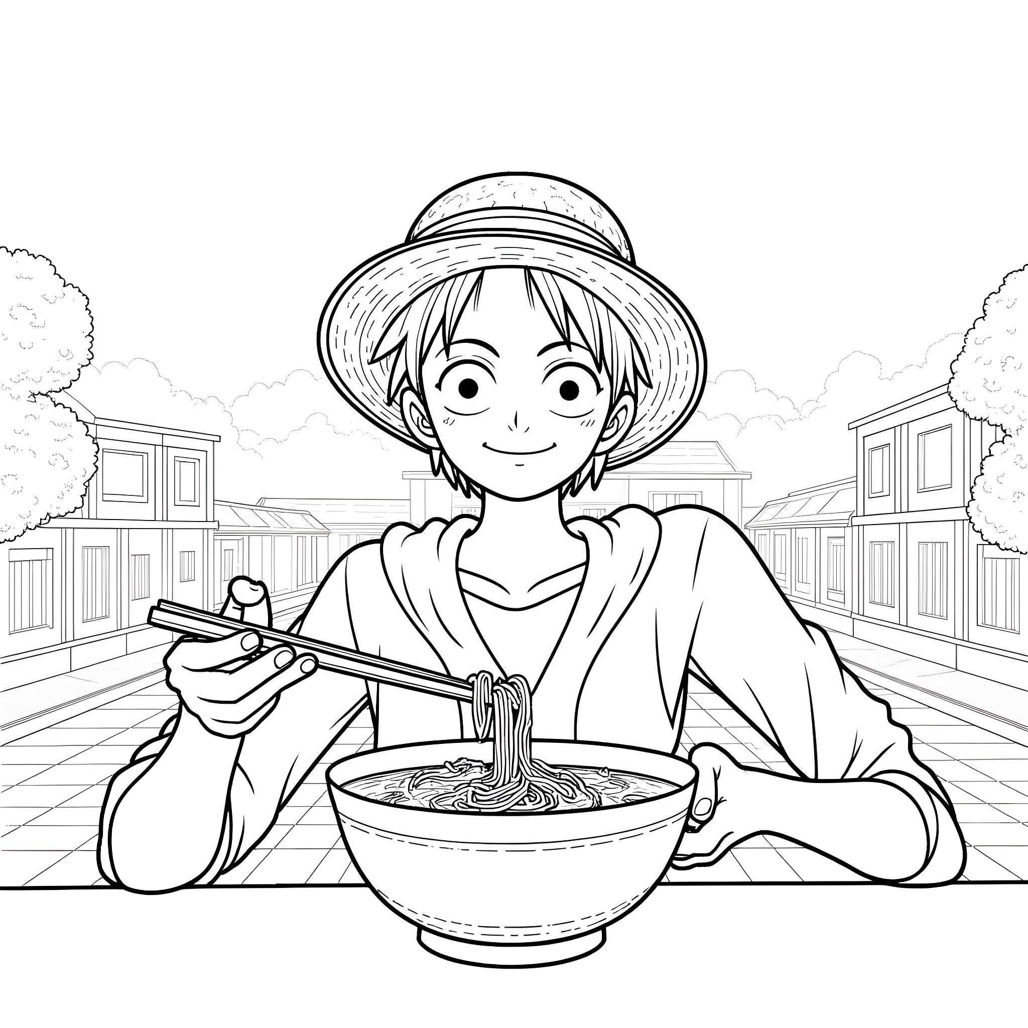 Luffy enjoying a hearty bowl of noodles in the town Coloring Page (free black-and-white line drawing printable PDF for all, from beginners to advanced learners, including children, teens, adults, and seniors)