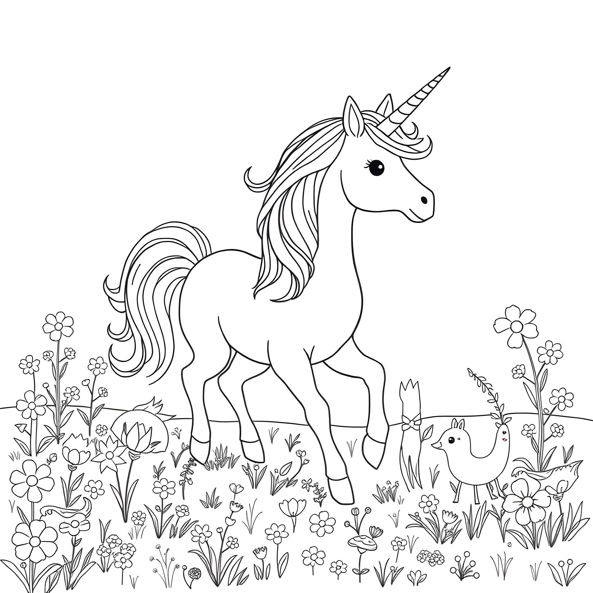 Unicorn frolicking through a whimsical floral landscape Coloring Page (free black-and-white line drawing printable PDF for all, from beginners to advanced learners, including children, teens, adults, and seniors)