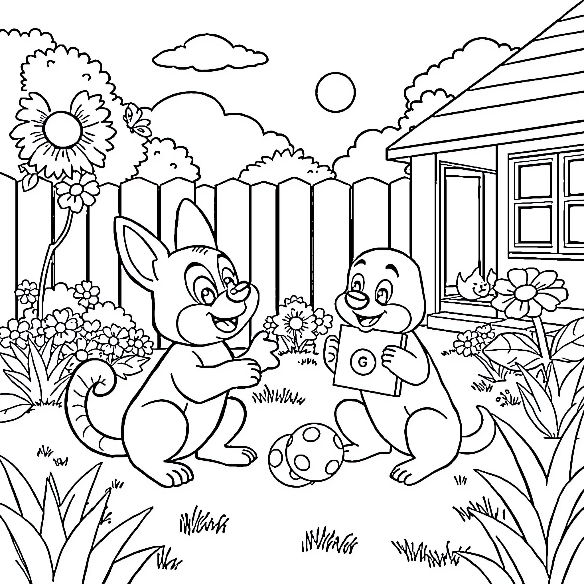 Bluey and friends playing in the backyard Coloring Page (free black-and-white line drawing printable PDF for all, from beginners to advanced learners, including children, teens, adults, and seniors)