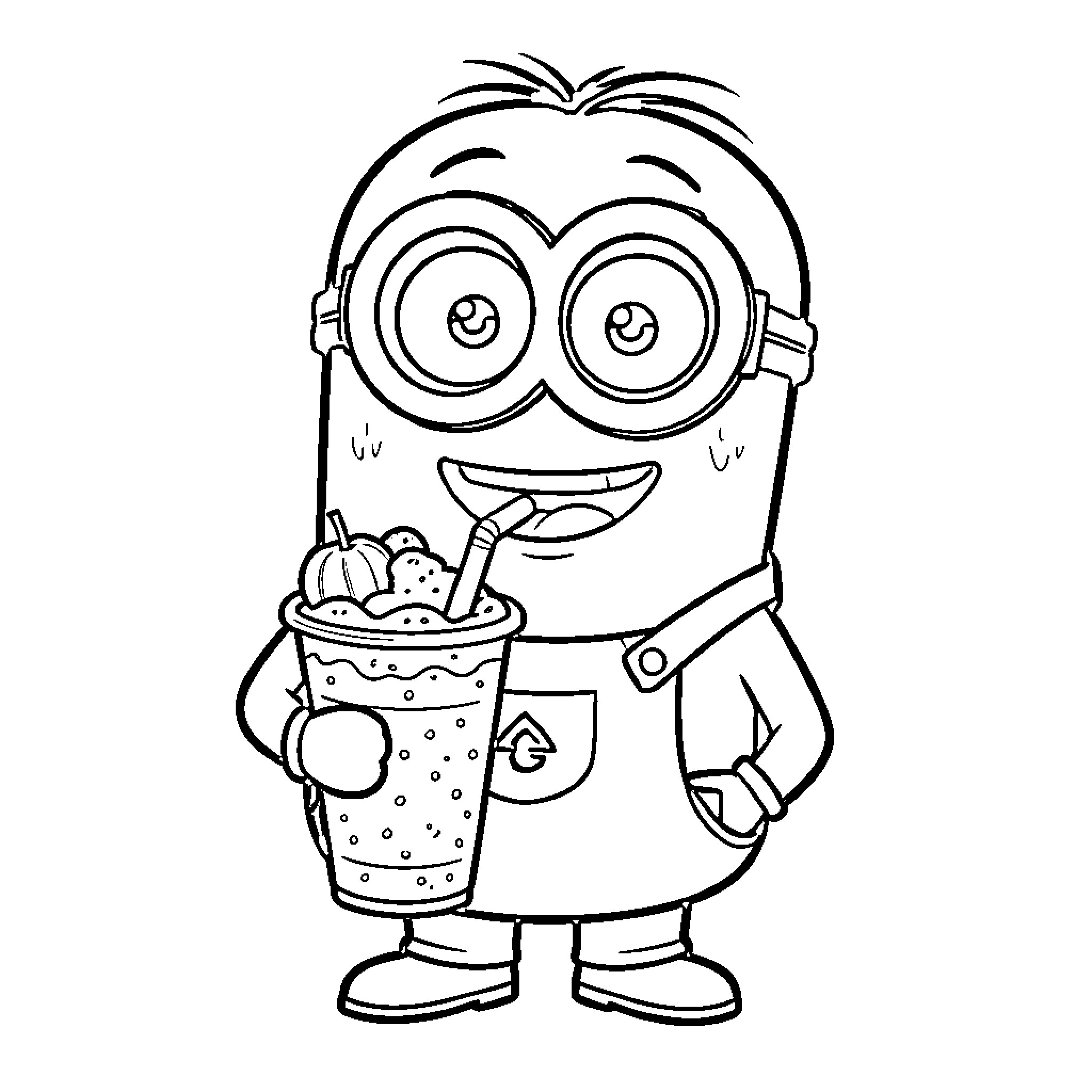 Minion smiling while holding a large refreshing drink Coloring Page (free black-and-white line drawing printable PDF for all, from beginners to advanced learners, including children, teens, adults, and seniors)