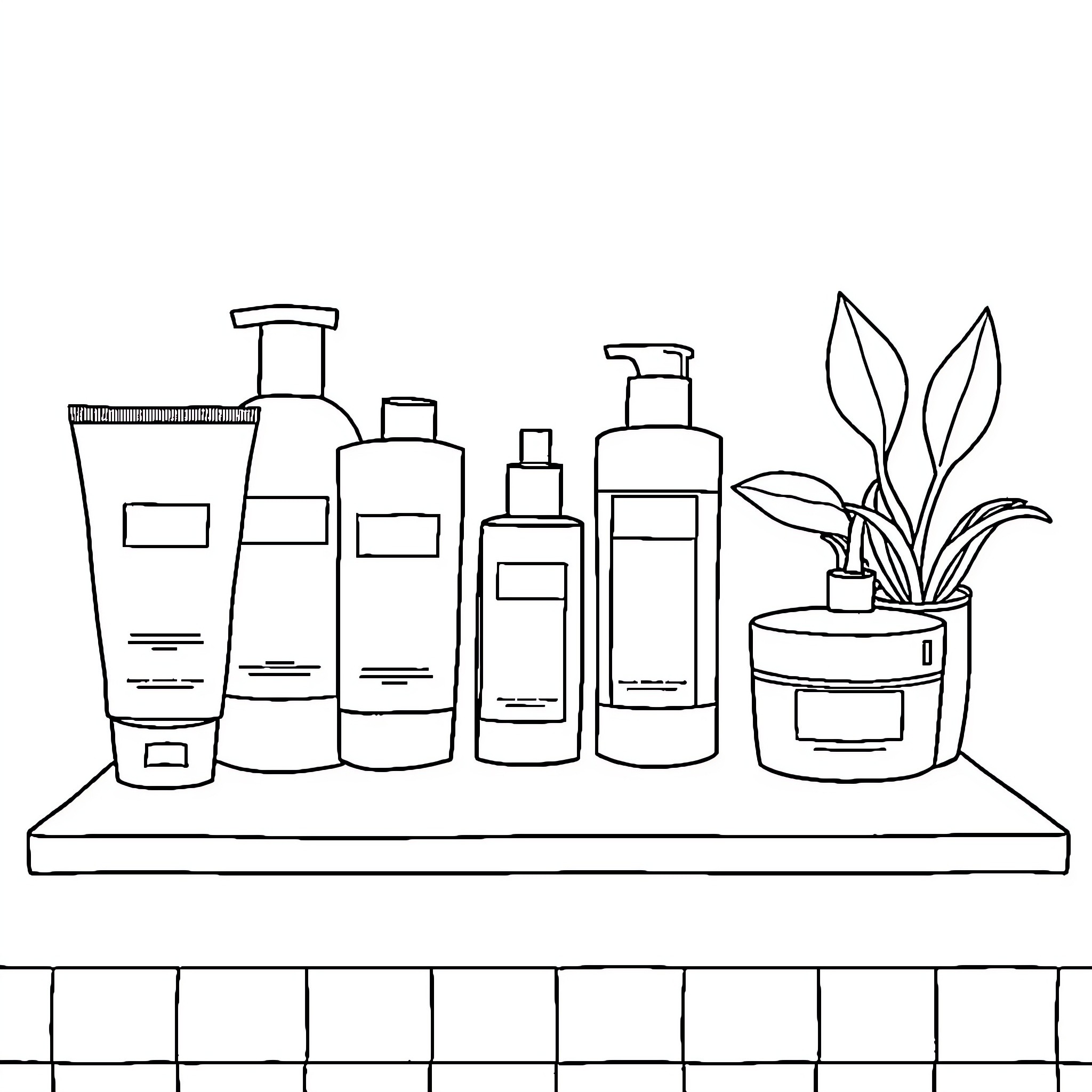 Skincare Products Displayed on Shelf Coloring Page (free black-and-white line drawing printable PDF for all, from beginners to advanced learners, including children, teens, adults, and seniors)