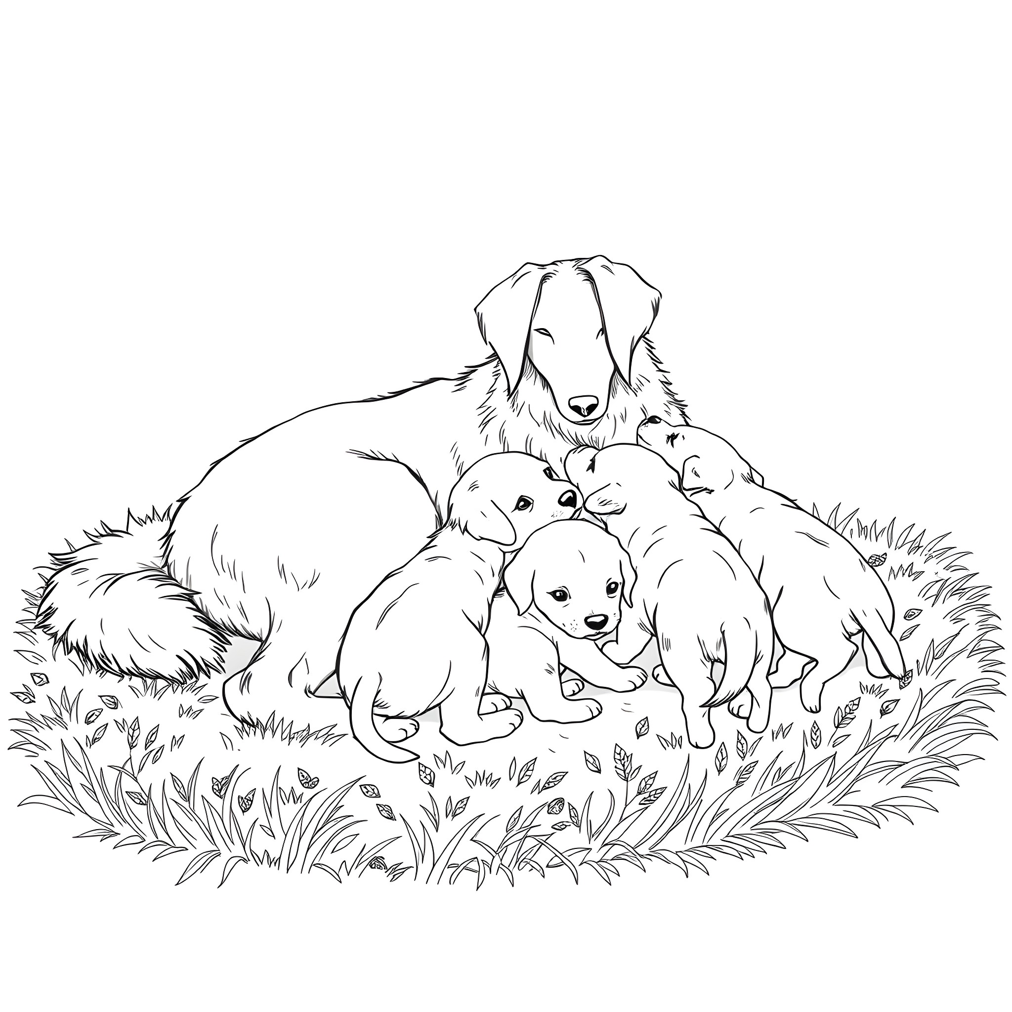 Dog and Puppies Playing in the Grass Coloring Page (free black-and-white line drawing printable PDF for all, from beginners to advanced learners, including children, teens, adults, and seniors)