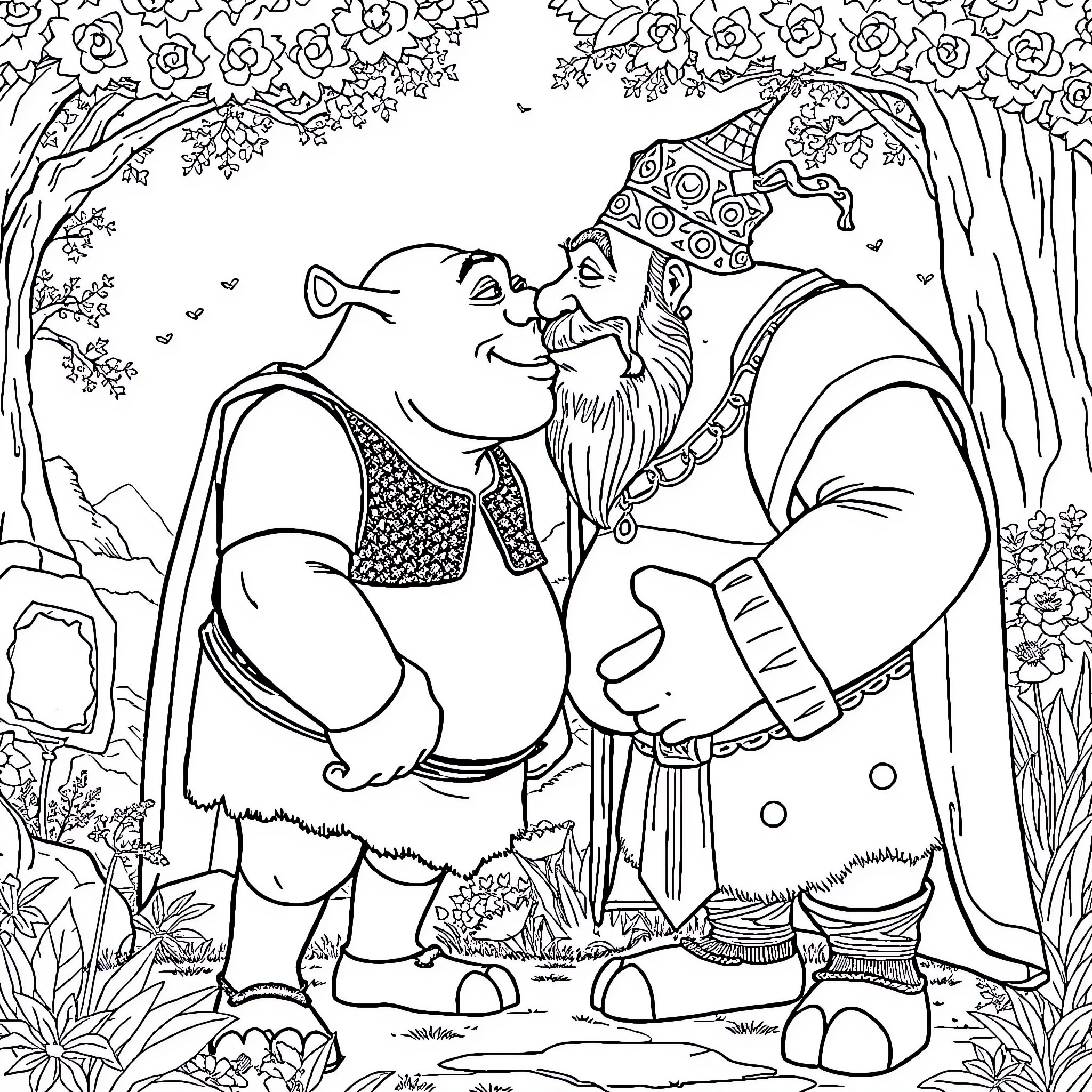 Shrek and Donkey in a forest scene Coloring Page (free black-and-white line drawing printable PDF for all, from beginners to advanced learners, including children, teens, adults, and seniors)