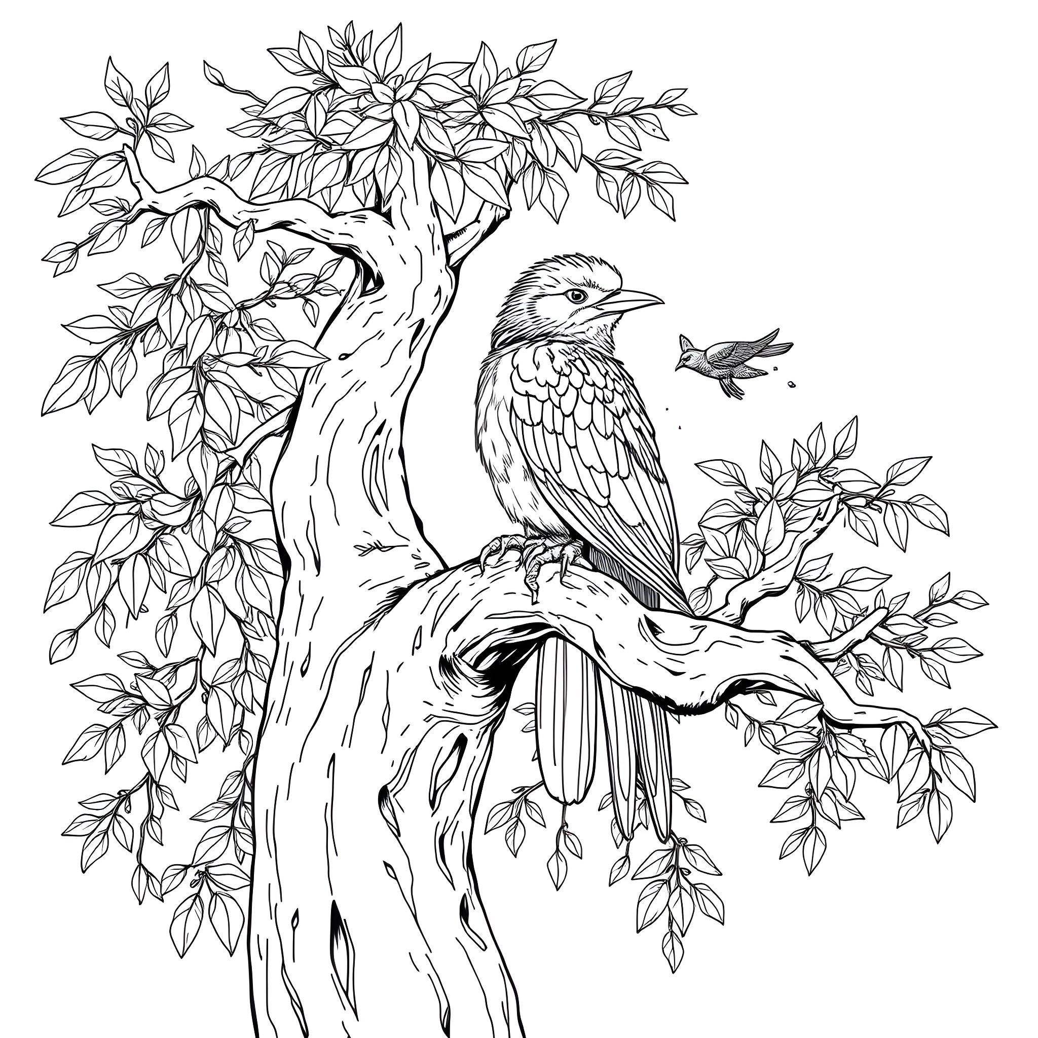 Passerina bird perched on tree branch with foliage Coloring Page (free black-and-white line drawing printable PDF for all, from beginners to advanced learners, including children, teens, adults, and seniors)