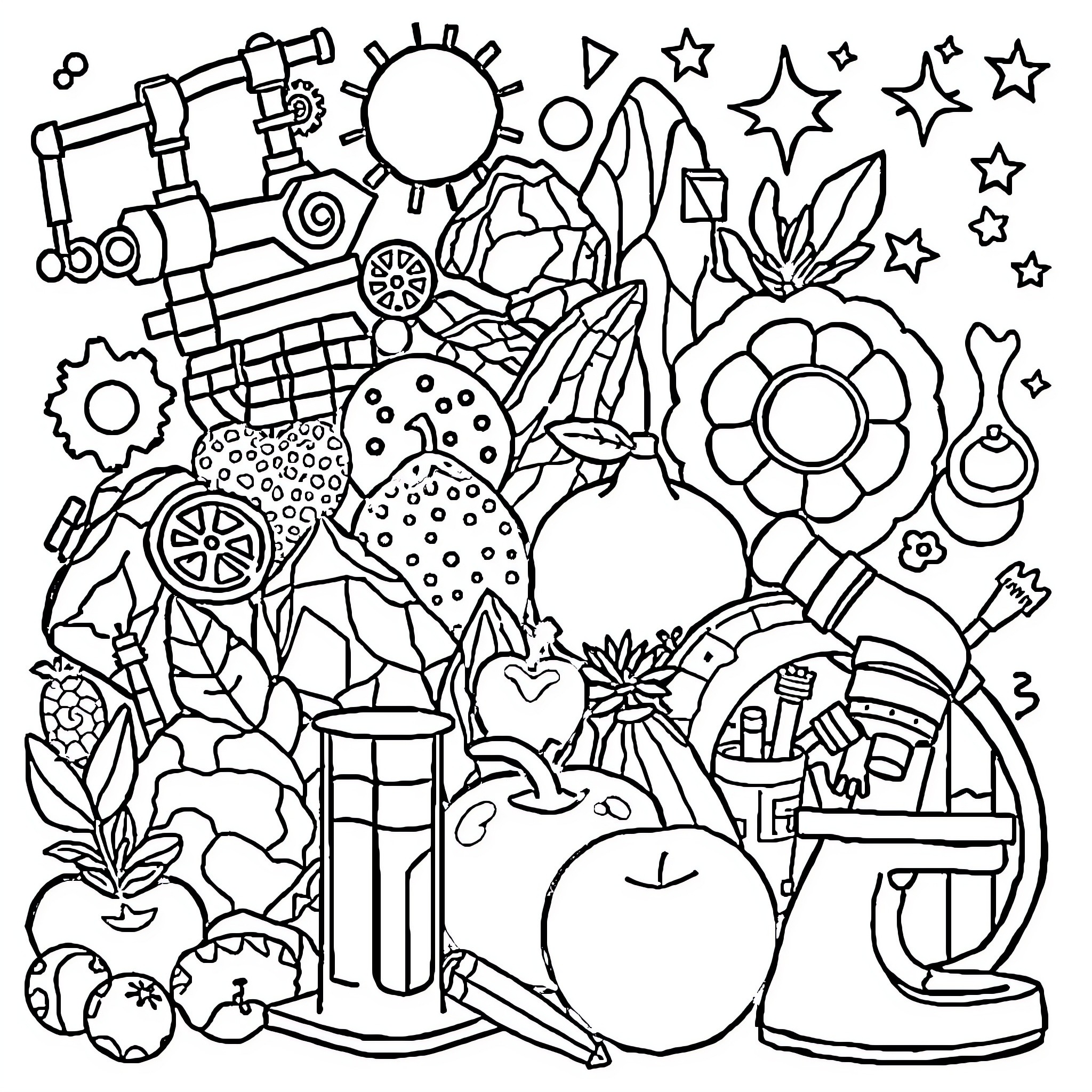 Machine of Whimsical Nature Symbols and Objects Coloring Page (free black-and-white line drawing printable PDF for all, from beginners to advanced learners, including children, teens, adults, and seniors)
