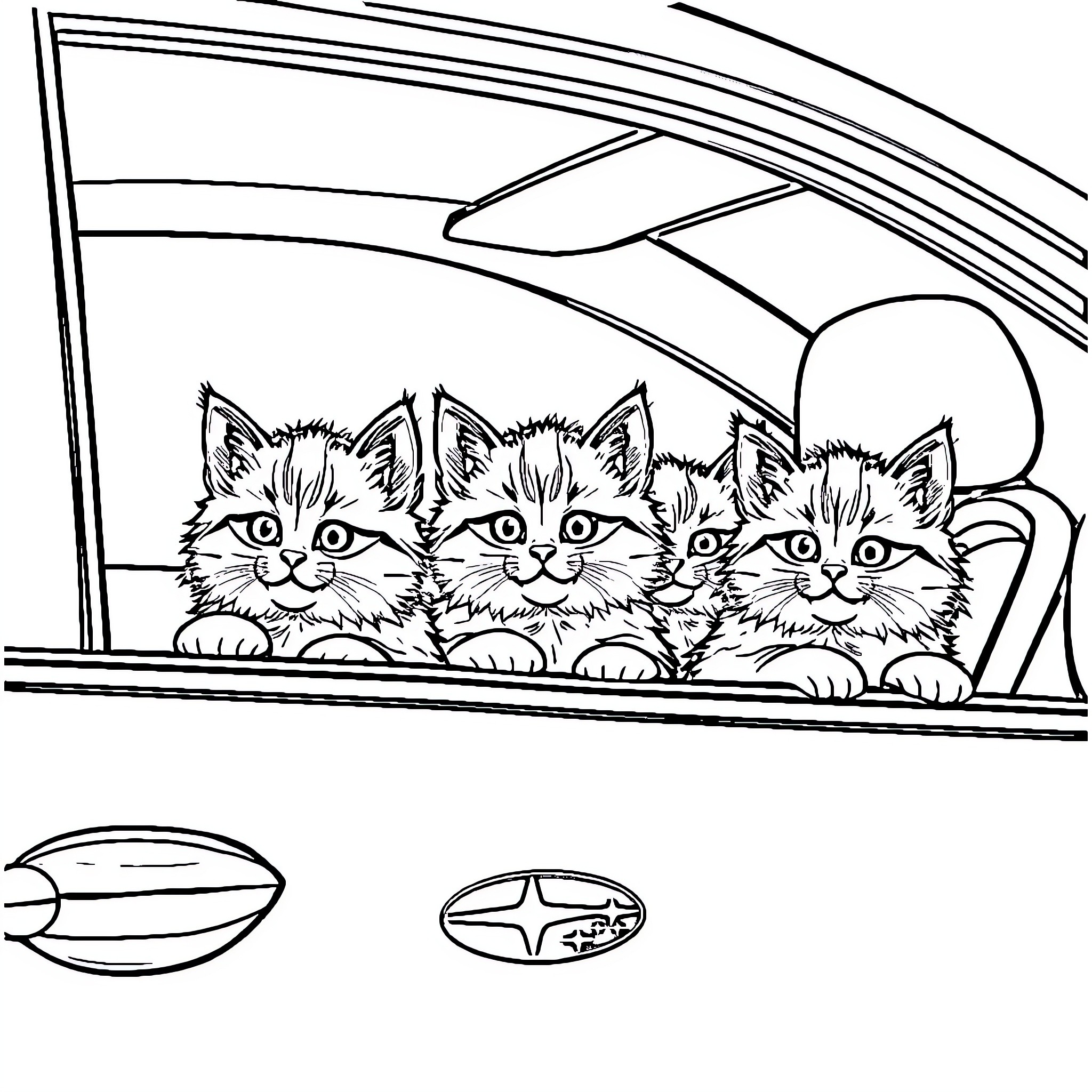 Cat kittens peeking out from car window Coloring Page (free black-and-white line drawing printable PDF for all, from beginners to advanced learners, including children, teens, adults, and seniors)