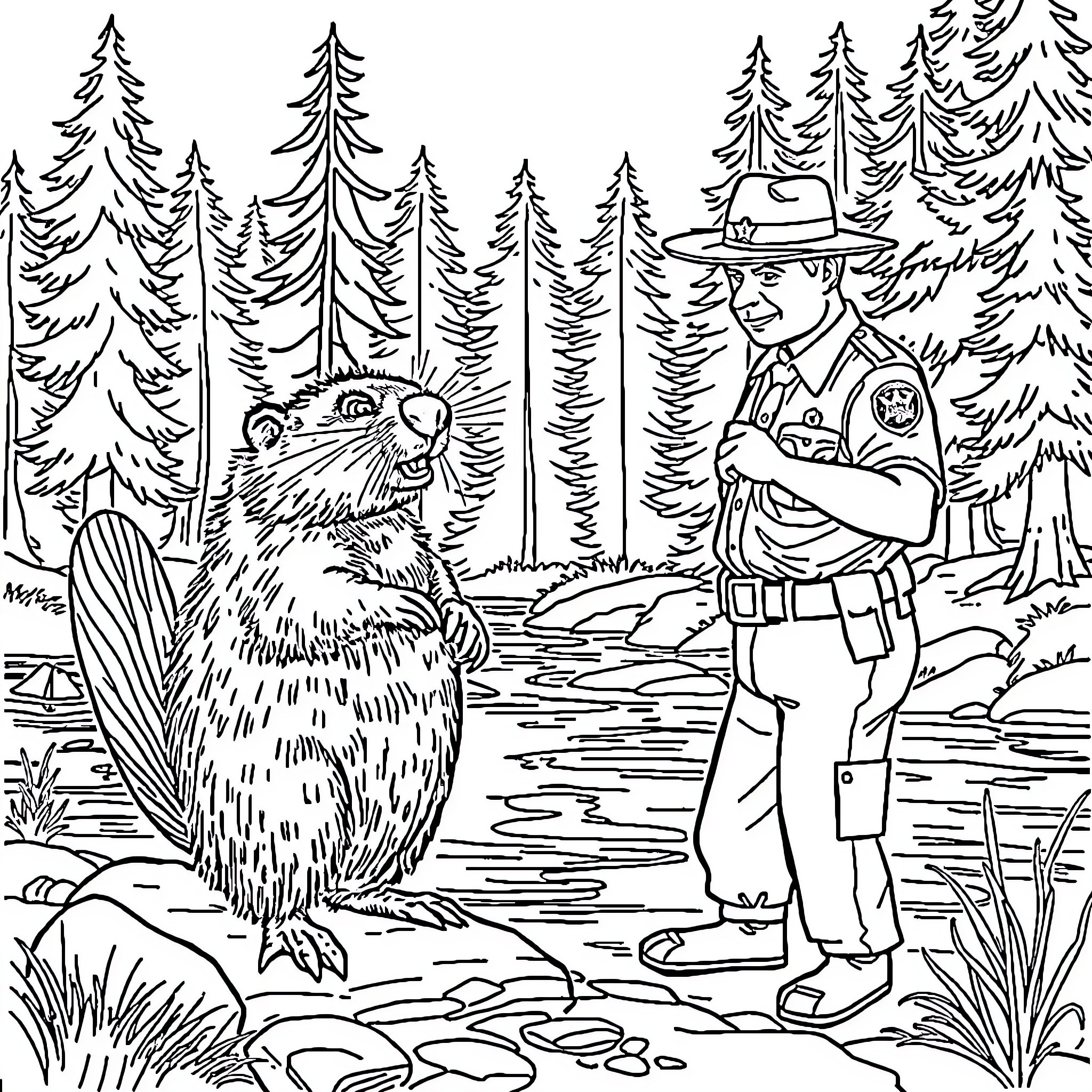 Beaver and Park Ranger in Forest Scene Coloring Page (free black-and-white line drawing printable PDF for all, from beginners to advanced learners, including children, teens, adults, and seniors)