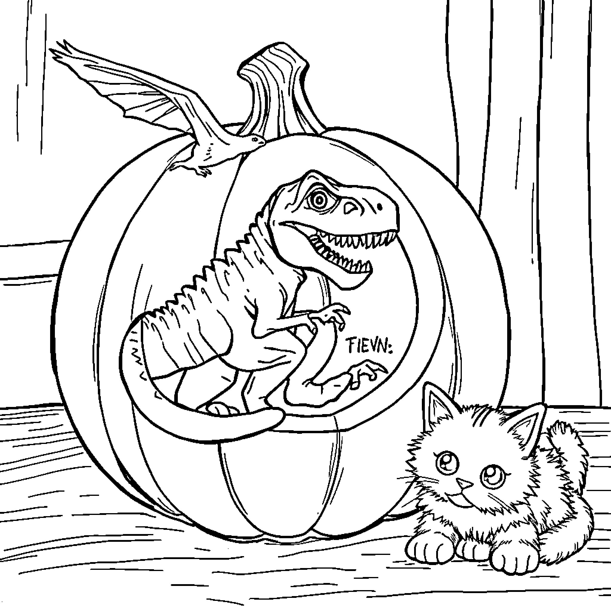 Dinosaur emerging from pumpkin with curious cat Coloring Page (free black-and-white line drawing printable PDF for all, from beginners to advanced learners, including children, teens, adults, and seniors)