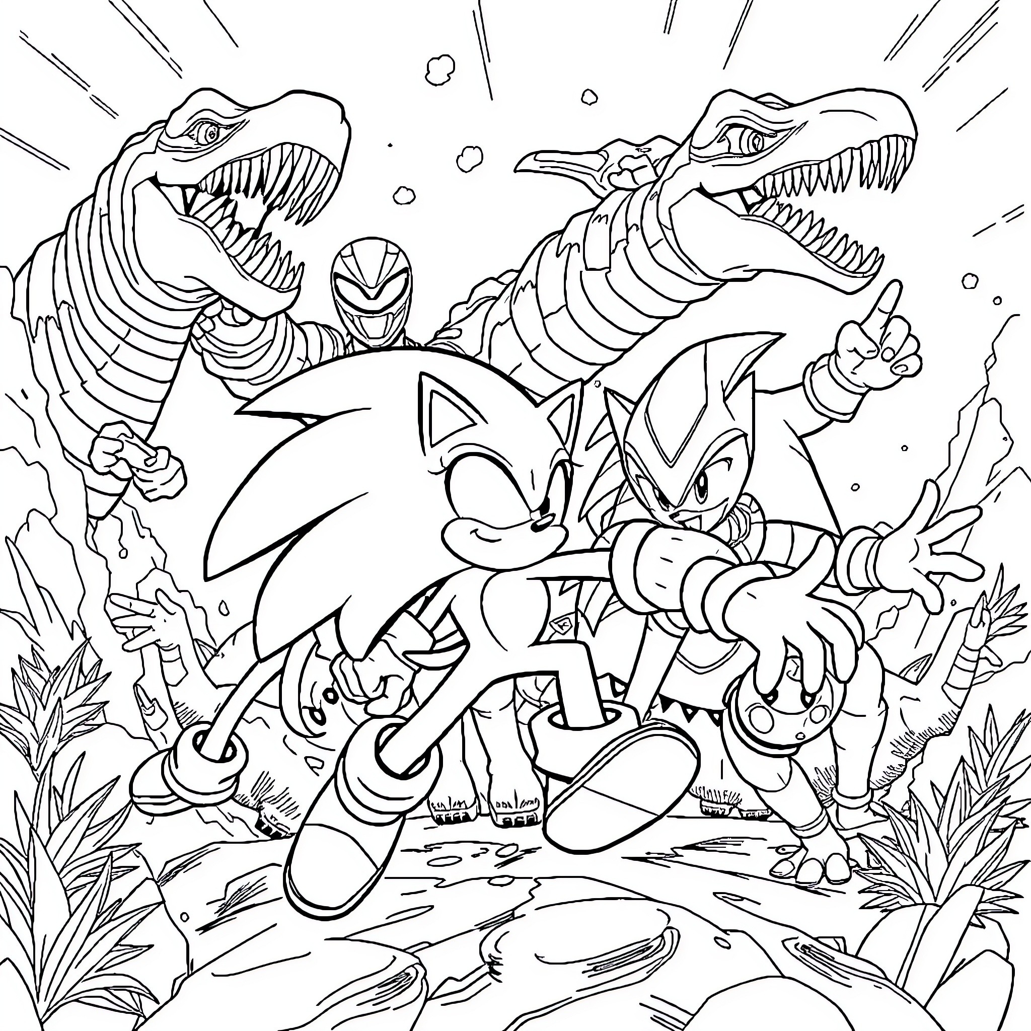 Sonic battling monstrous creatures in an intense scene Coloring Page (free black-and-white line drawing printable PDF for all, from beginners to advanced learners, including children, teens, adults, and seniors)