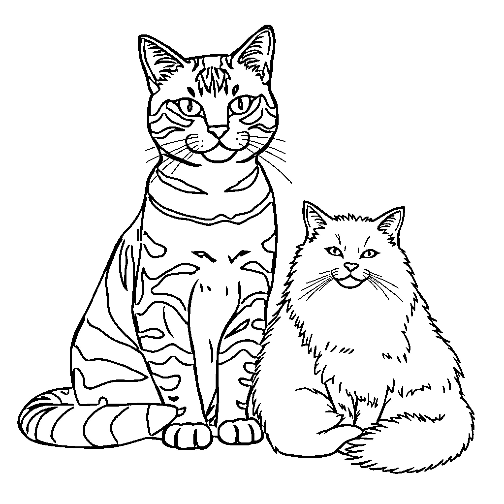 Cats Sitting Together in Outline Coloring Page (free black-and-white line drawing printable PDF for all, from beginners to advanced learners, including children, teens, adults, and seniors)