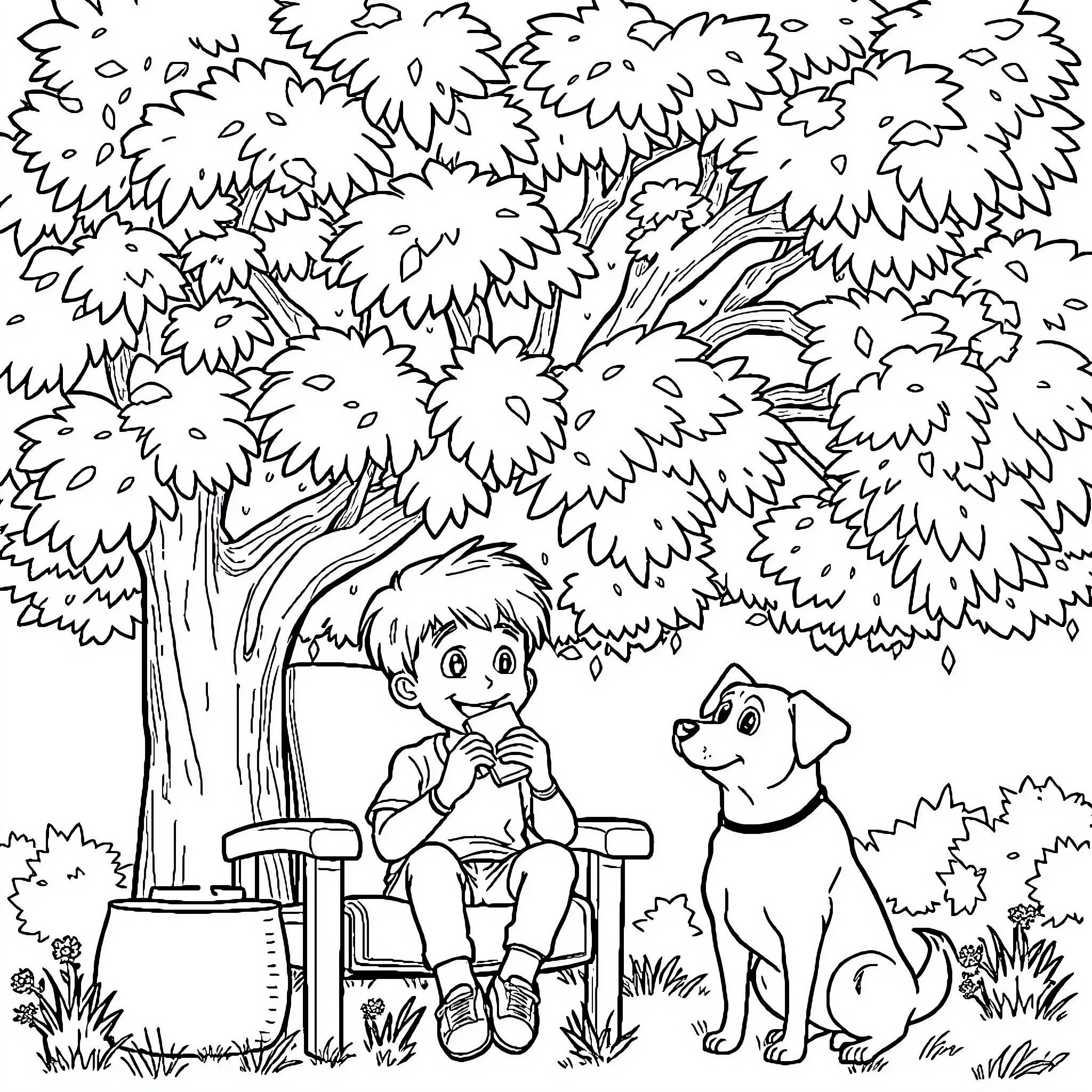 Boy enjoys a peaceful day with his loyal dog Coloring Page (free black-and-white line drawing printable PDF for all, from beginners to advanced learners, including children, teens, adults, and seniors)