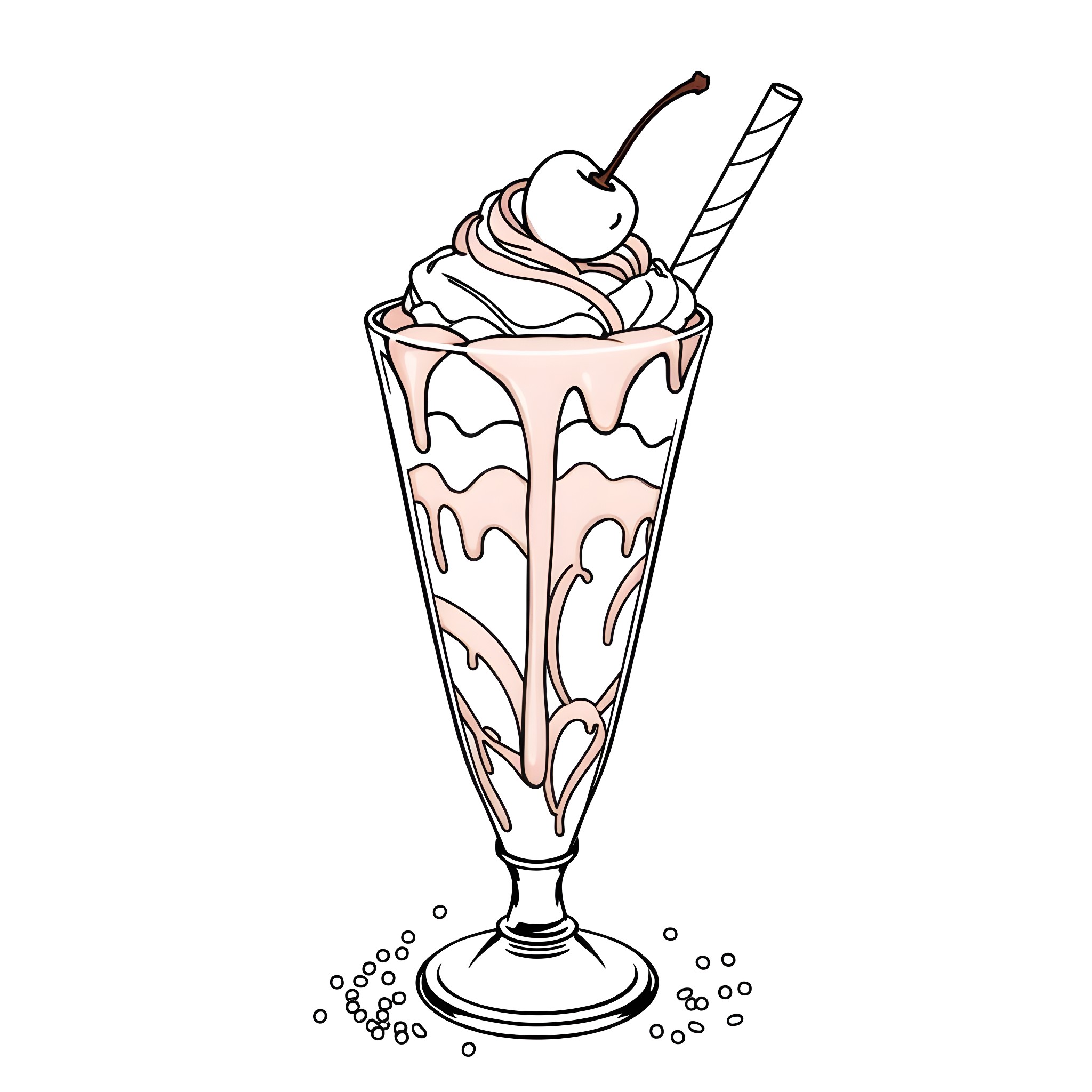 Sundae with swirling cream and cherry on top Coloring Page (free black-and-white line drawing printable PDF for all, from beginners to advanced learners, including children, teens, adults, and seniors)