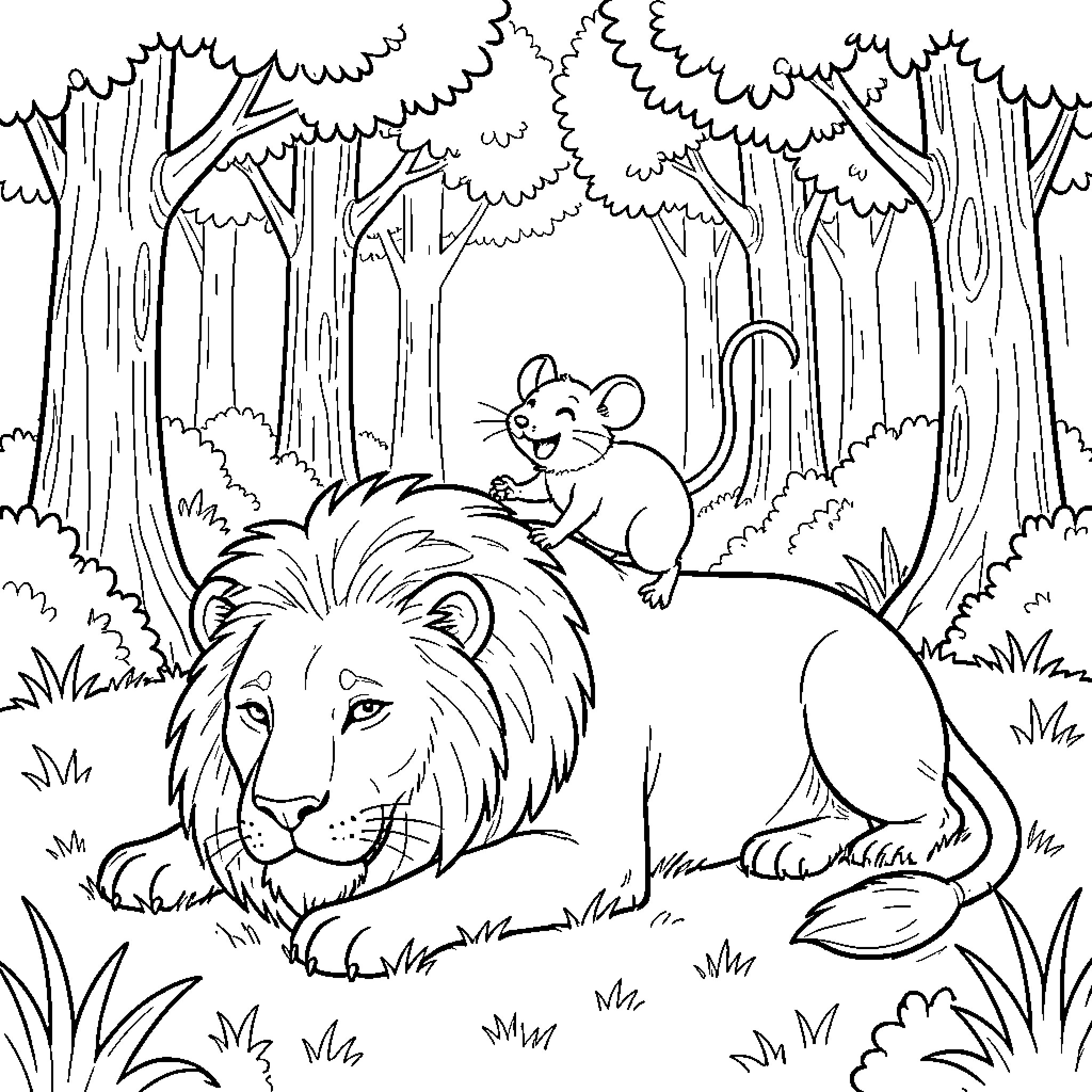 Mouse sitting happily on a lion's back Coloring Page (free black-and-white line drawing printable PDF for all, from beginners to advanced learners, including children, teens, adults, and seniors)