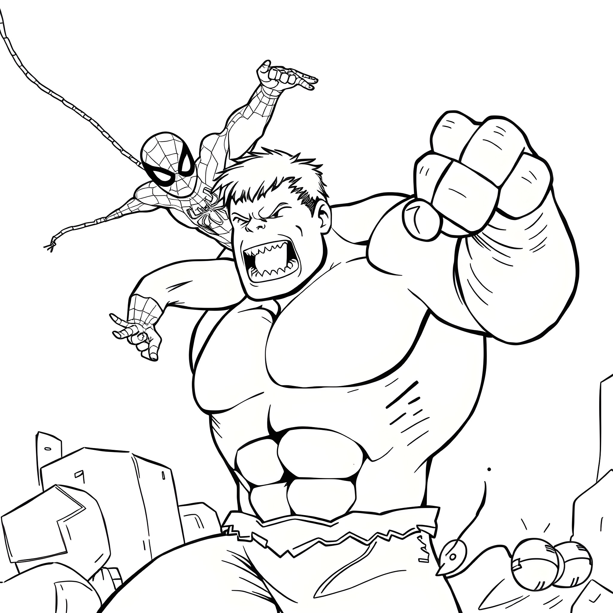 Hulk battling Spider-Man in an urban setting Coloring Page (free black-and-white line drawing printable PDF for all, from beginners to advanced learners, including children, teens, adults, and seniors)