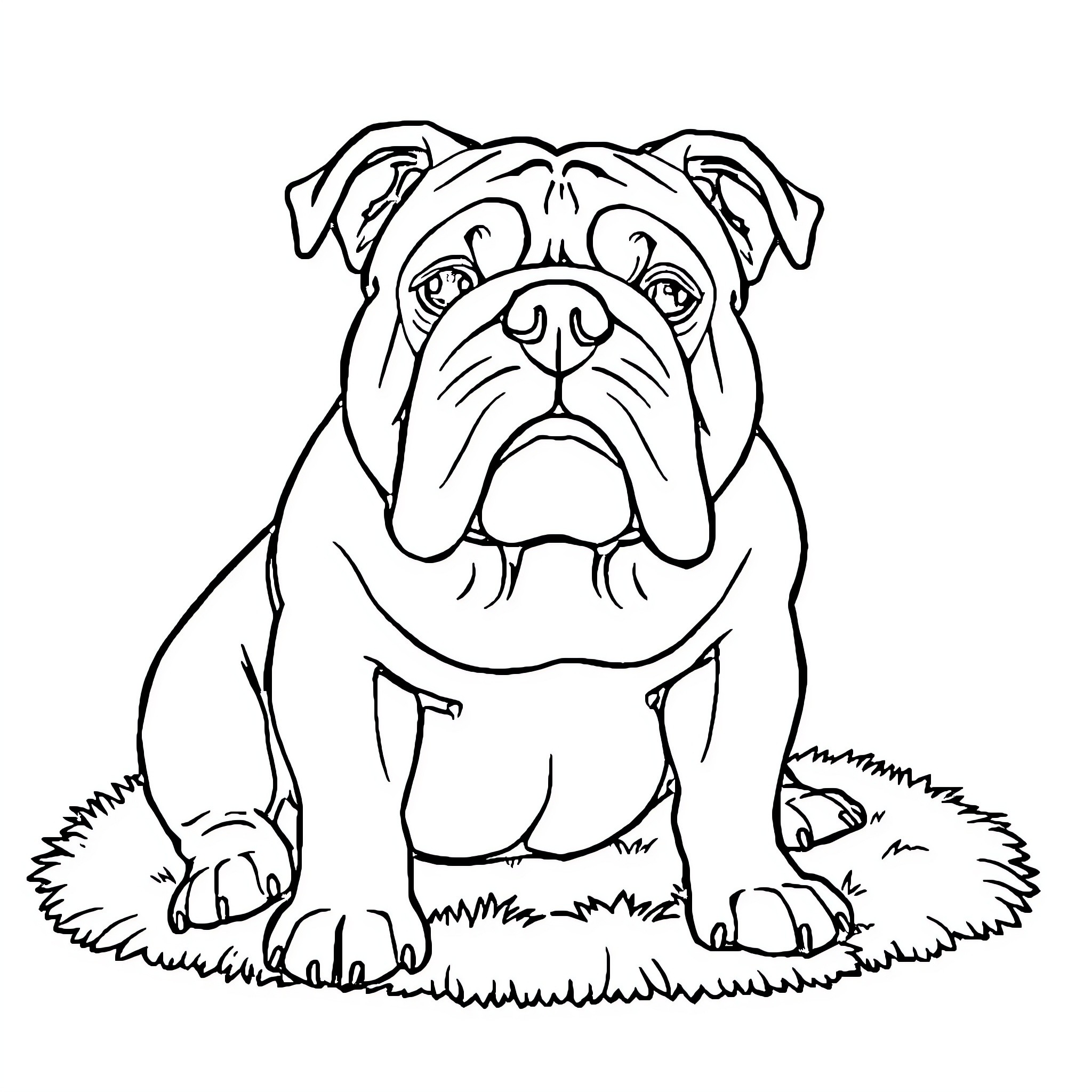 Bulldog sitting on the grass Coloring Page (free black-and-white line drawing printable PDF for all, from beginners to advanced learners, including children, teens, adults, and seniors)