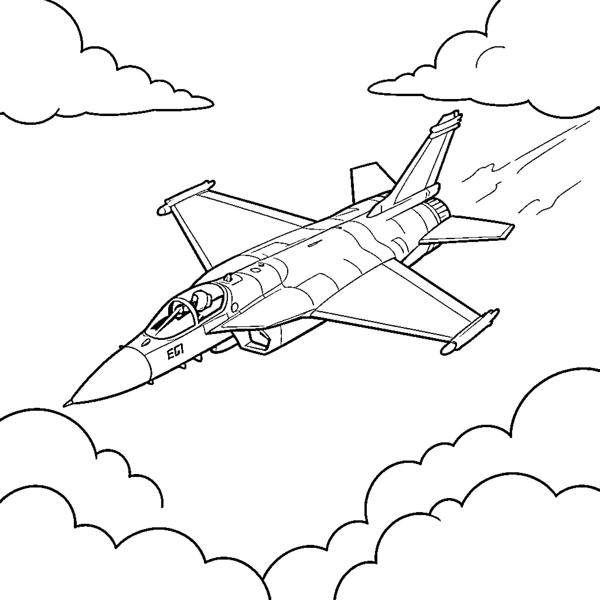 Eurofighter Jet in Flight with Cloudy Sky Coloring Page (free black-and-white line drawing printable PDF for all, from beginners to advanced learners, including children, teens, adults, and seniors)