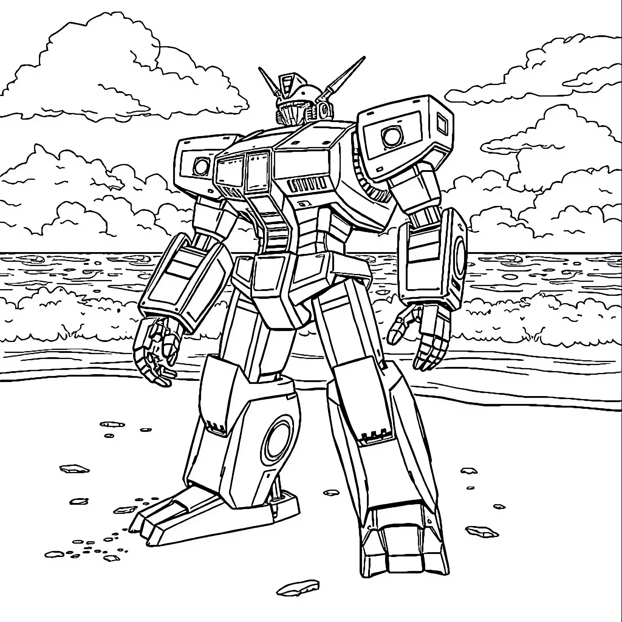 Goldorak, the Mighty Robot Stands Tall on the Beach Coloring Page (free black-and-white line drawing printable PDF for all, from beginners to advanced learners, including children, teens, adults, and seniors)