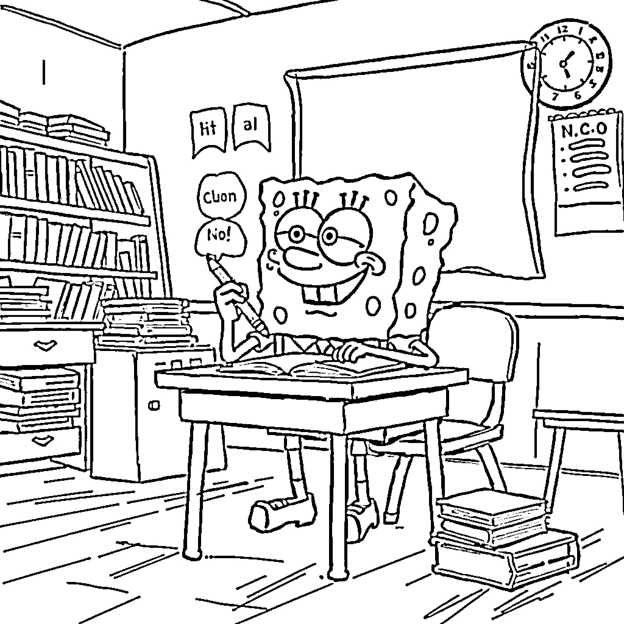 Spongebob happily studying in the classroom Coloring Page (free black-and-white line drawing printable PDF for all, from beginners to advanced learners, including children, teens, adults, and seniors)