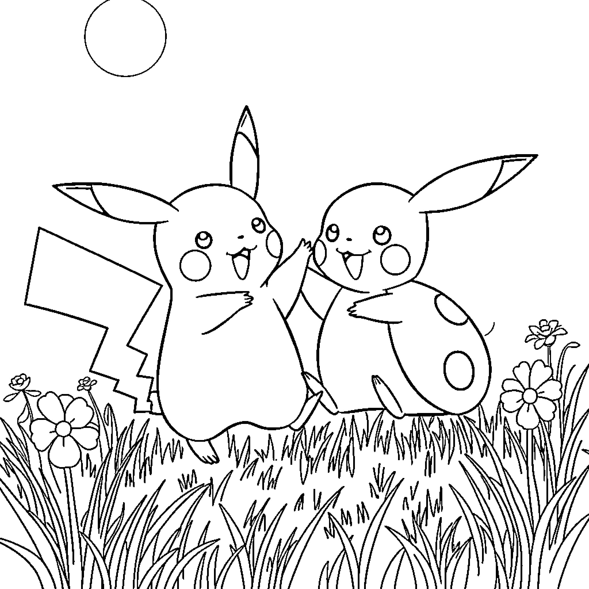 Ladybug friends playing joyfully in the meadow Coloring Page (free black-and-white line drawing printable PDF for all, from beginners to advanced learners, including children, teens, adults, and seniors)