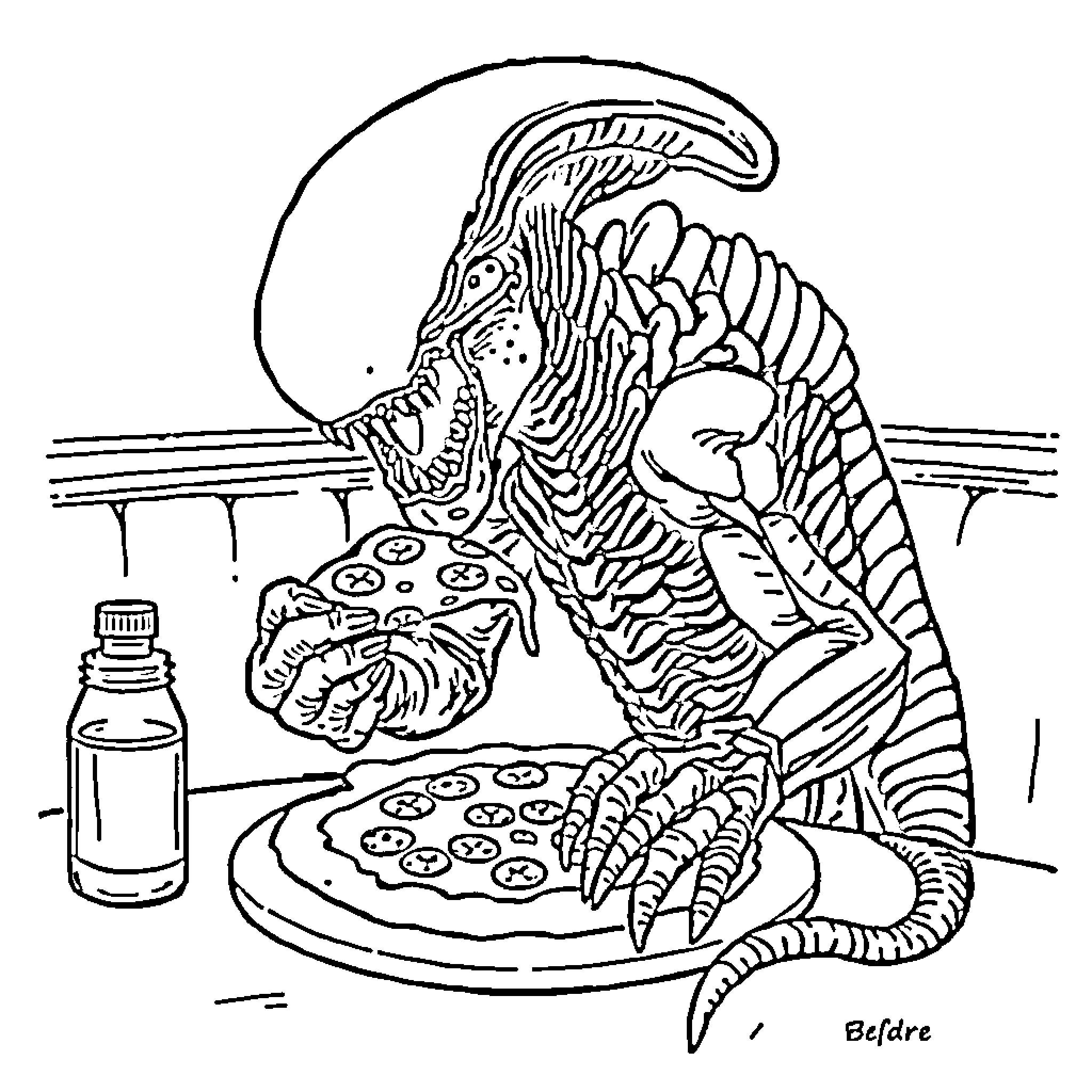 Xenomorph Preparing a Meal Coloring Page (free black-and-white line drawing printable PDF for all, from beginners to advanced learners, including children, teens, adults, and seniors)