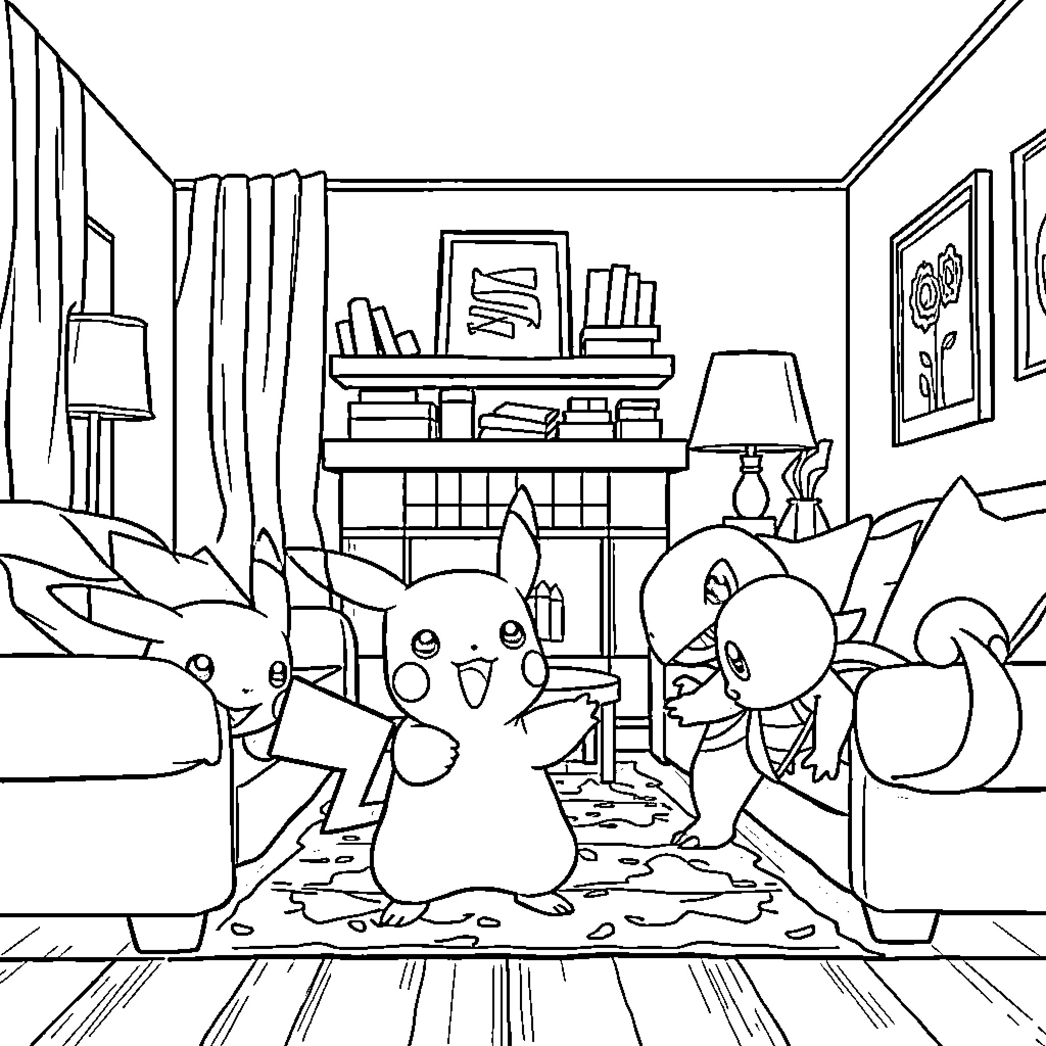 Pikachu and Friends Explore Cozy Indoors Coloring Page (free black-and-white line drawing printable PDF for all, from beginners to advanced learners, including children, teens, adults, and seniors)