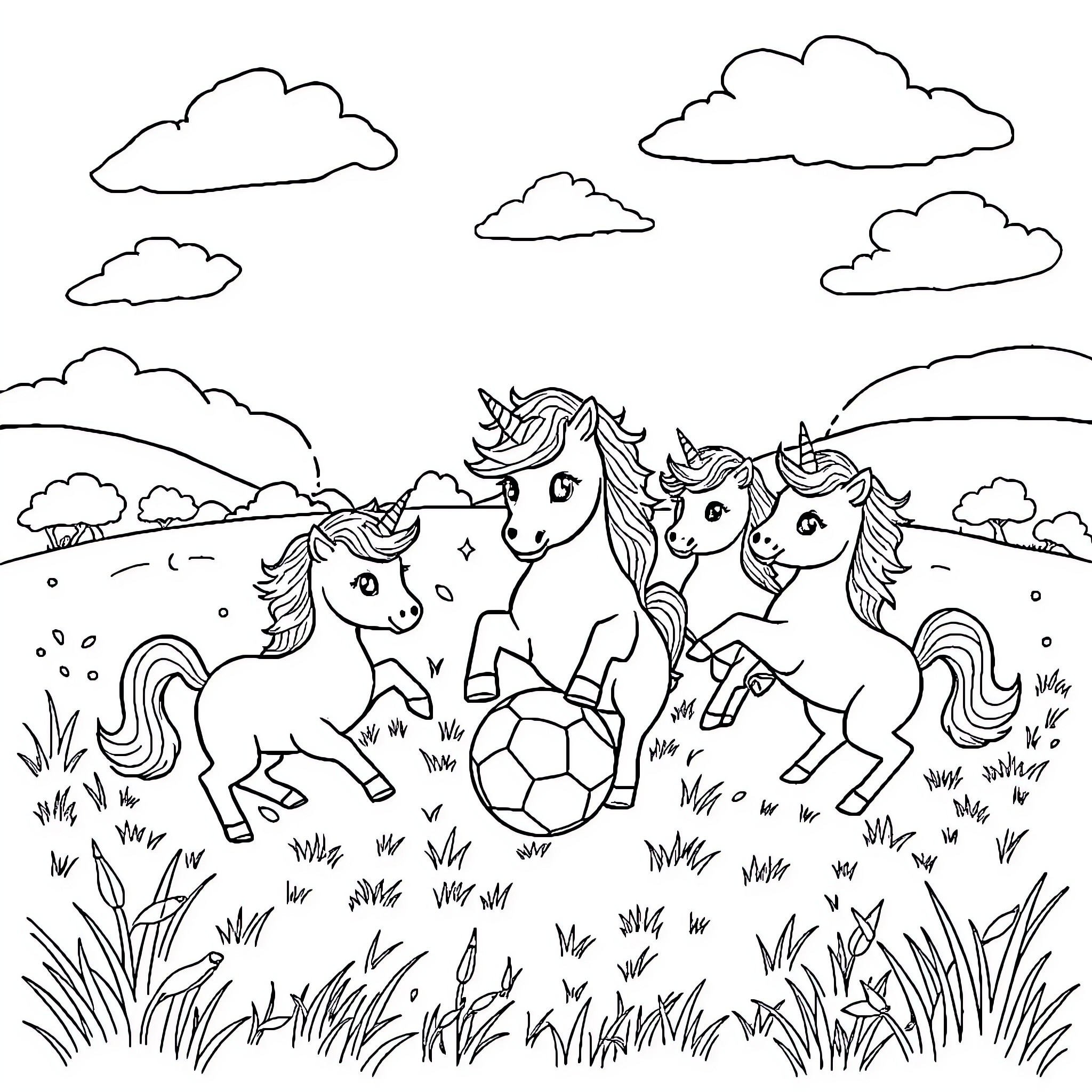 Unicorn Ponies Frolicking in the Meadow Coloring Page (free black-and-white line drawing printable PDF for all, from beginners to advanced learners, including children, teens, adults, and seniors)