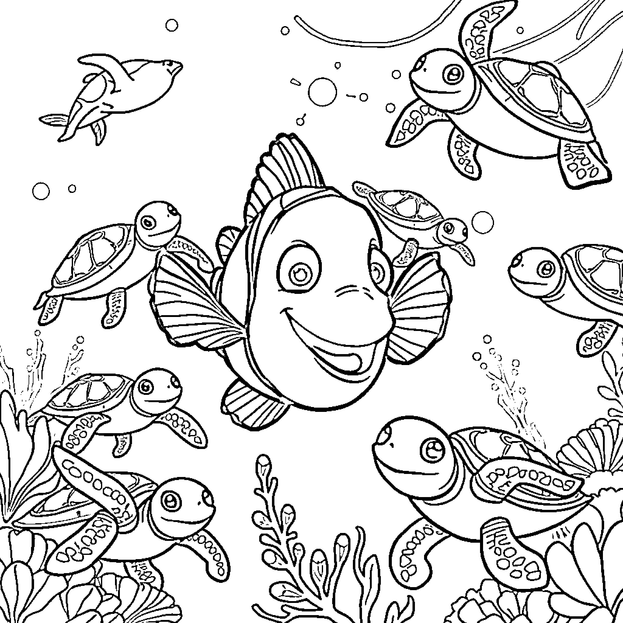 Nemo and friends exploring the colorful underwater world Coloring Page (free black-and-white line drawing printable PDF for all, from beginners to advanced learners, including children, teens, adults, and seniors)