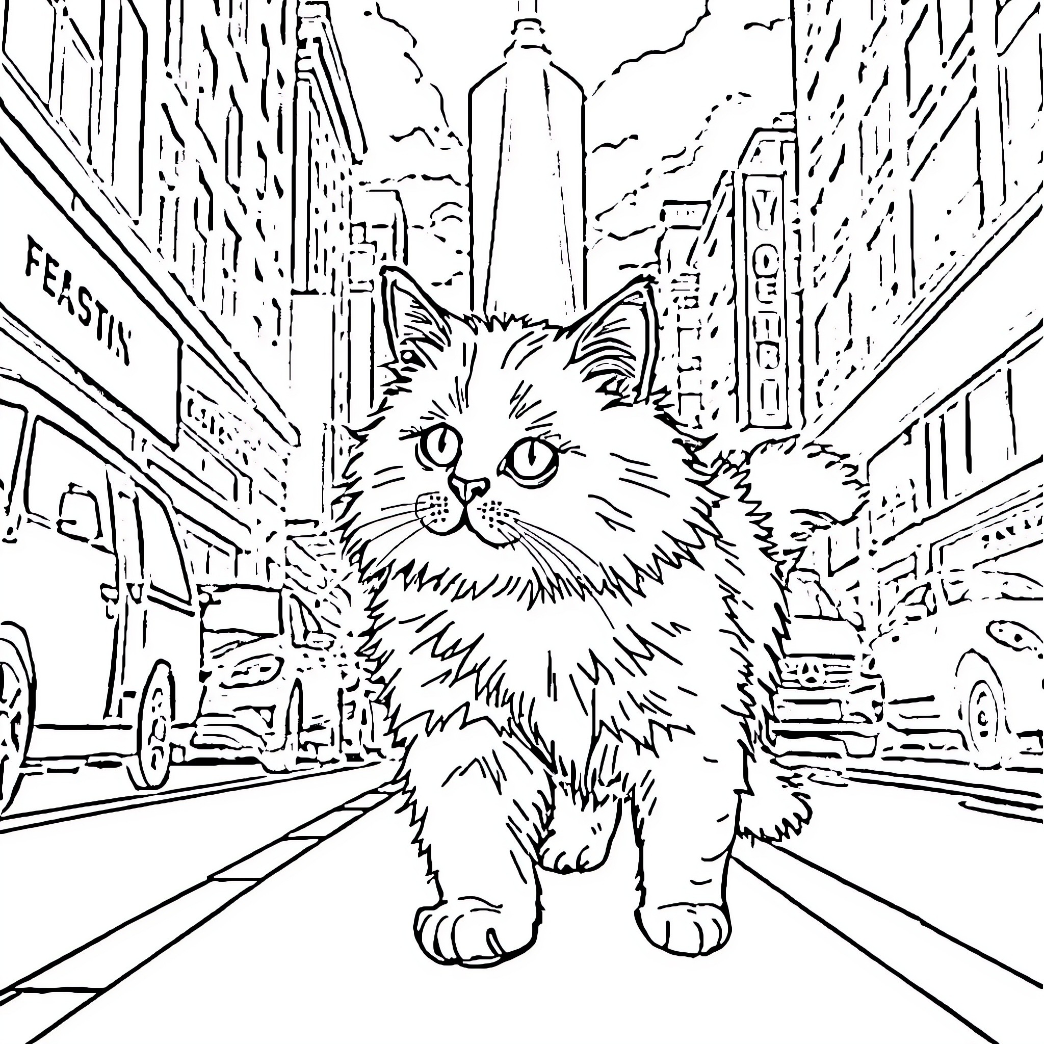 Cat exploring the busy city streets Coloring Page (free black-and-white line drawing printable PDF for all, from beginners to advanced learners, including children, teens, adults, and seniors)
