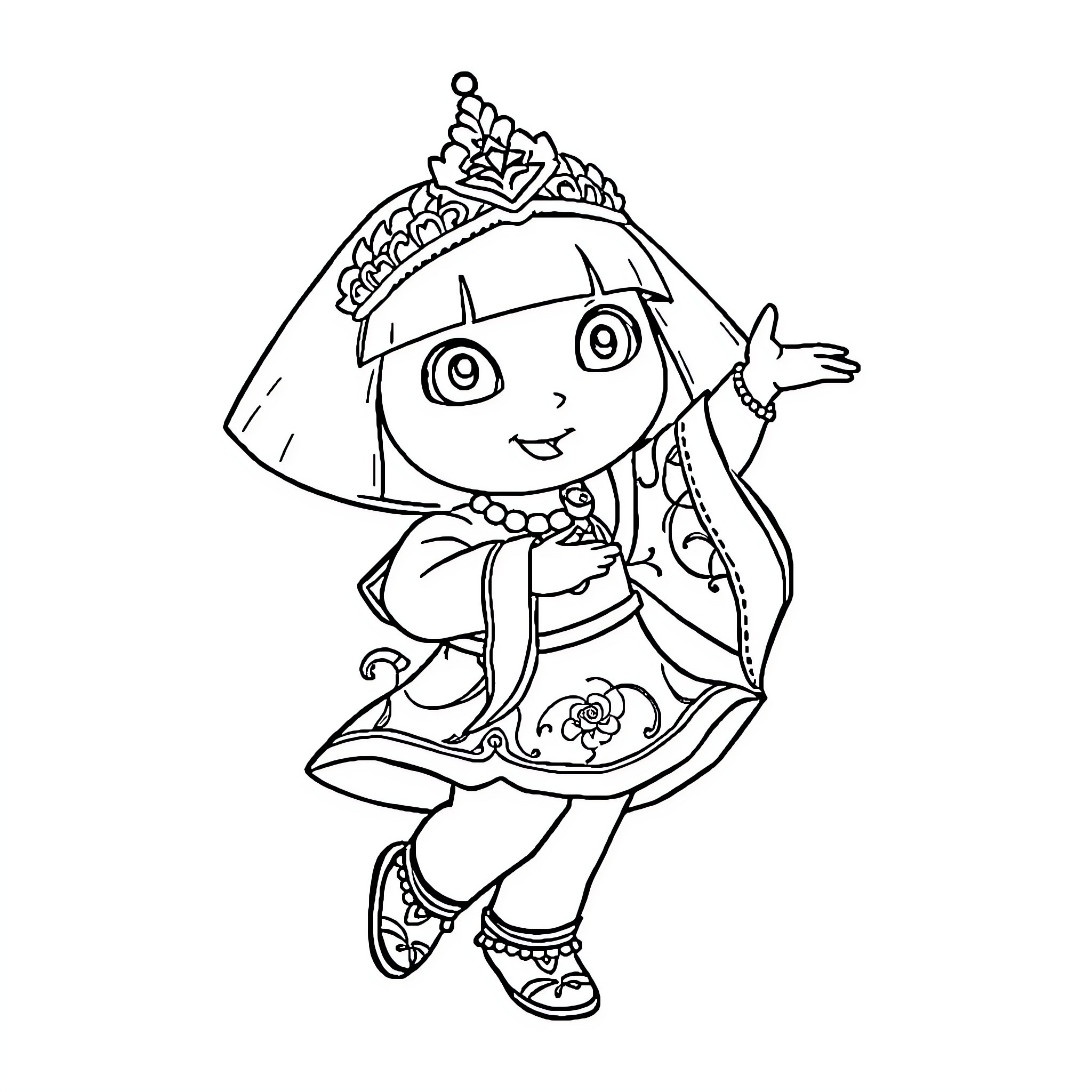 Dora the Explorer in festive attire Coloring Page (free black-and-white line drawing printable PDF for all, from beginners to advanced learners, including children, teens, adults, and seniors)