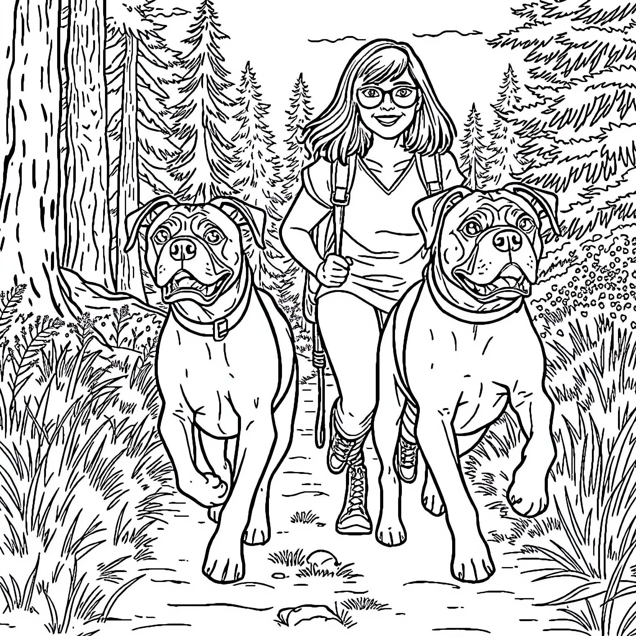 Boxer walks dogs in forest landscape Coloring Page (free black-and-white line drawing printable PDF for all, from beginners to advanced learners, including children, teens, adults, and seniors)