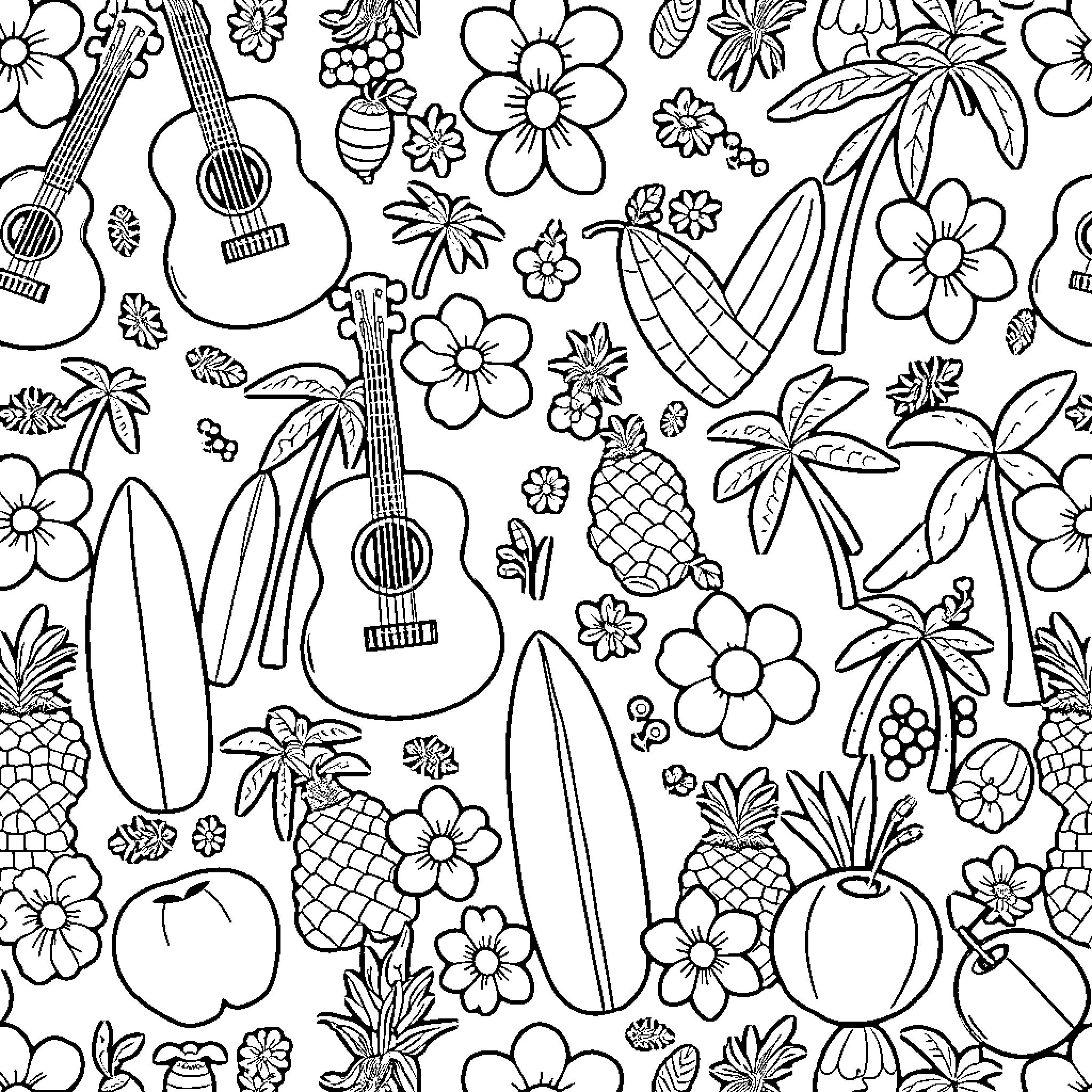 Hawaii Summer Vacation with Surfboards and Flowers Coloring Page (free black-and-white line drawing printable PDF for all, from beginners to advanced learners, including children, teens, adults, and seniors)