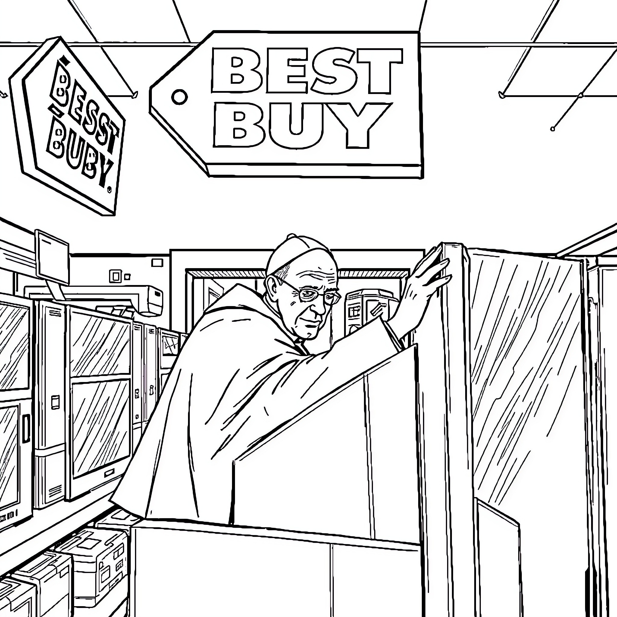 Pope visits electronics store and examines merchandise Coloring Page (free black-and-white line drawing printable PDF for all, from beginners to advanced learners, including children, teens, adults, and seniors)