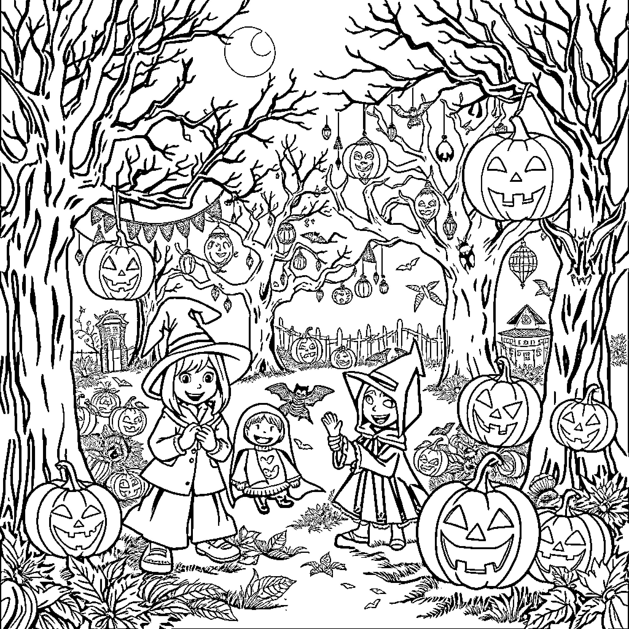 Halloween Celebration in Spooky Forest Coloring Page (free black-and-white line drawing printable PDF for all, from beginners to advanced learners, including children, teens, adults, and seniors)