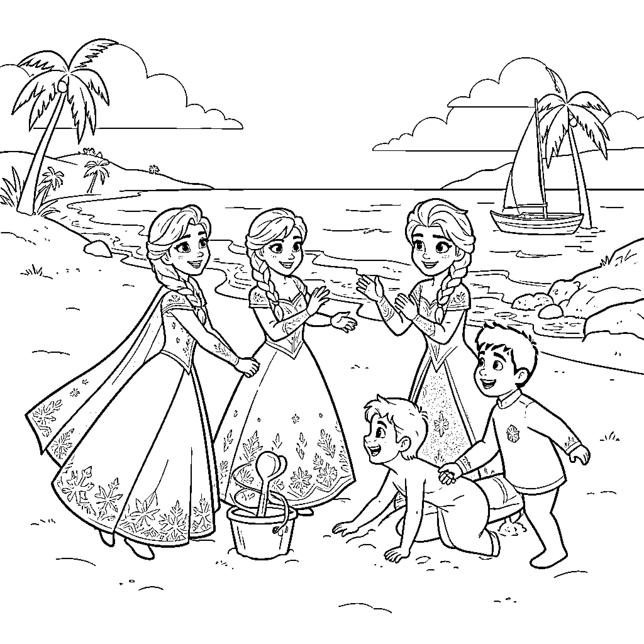 Frozen characters enjoying a fun day at the beach Coloring Page (free black-and-white line drawing printable PDF for all, from beginners to advanced learners, including children, teens, adults, and seniors)