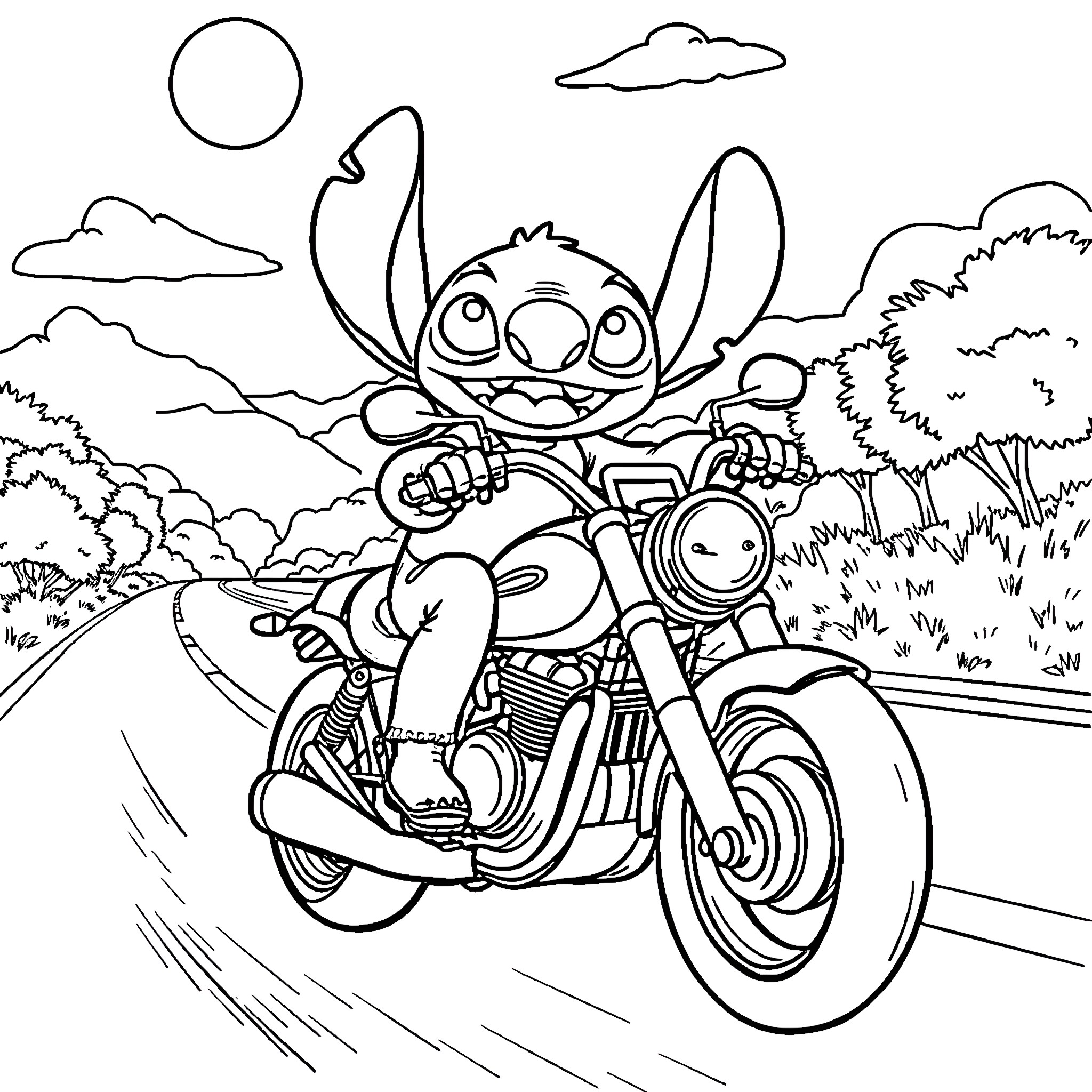 Stitch riding motorcycle through scenic landscape Coloring Page (free black-and-white line drawing printable PDF for all, from beginners to advanced learners, including children, teens, adults, and seniors)