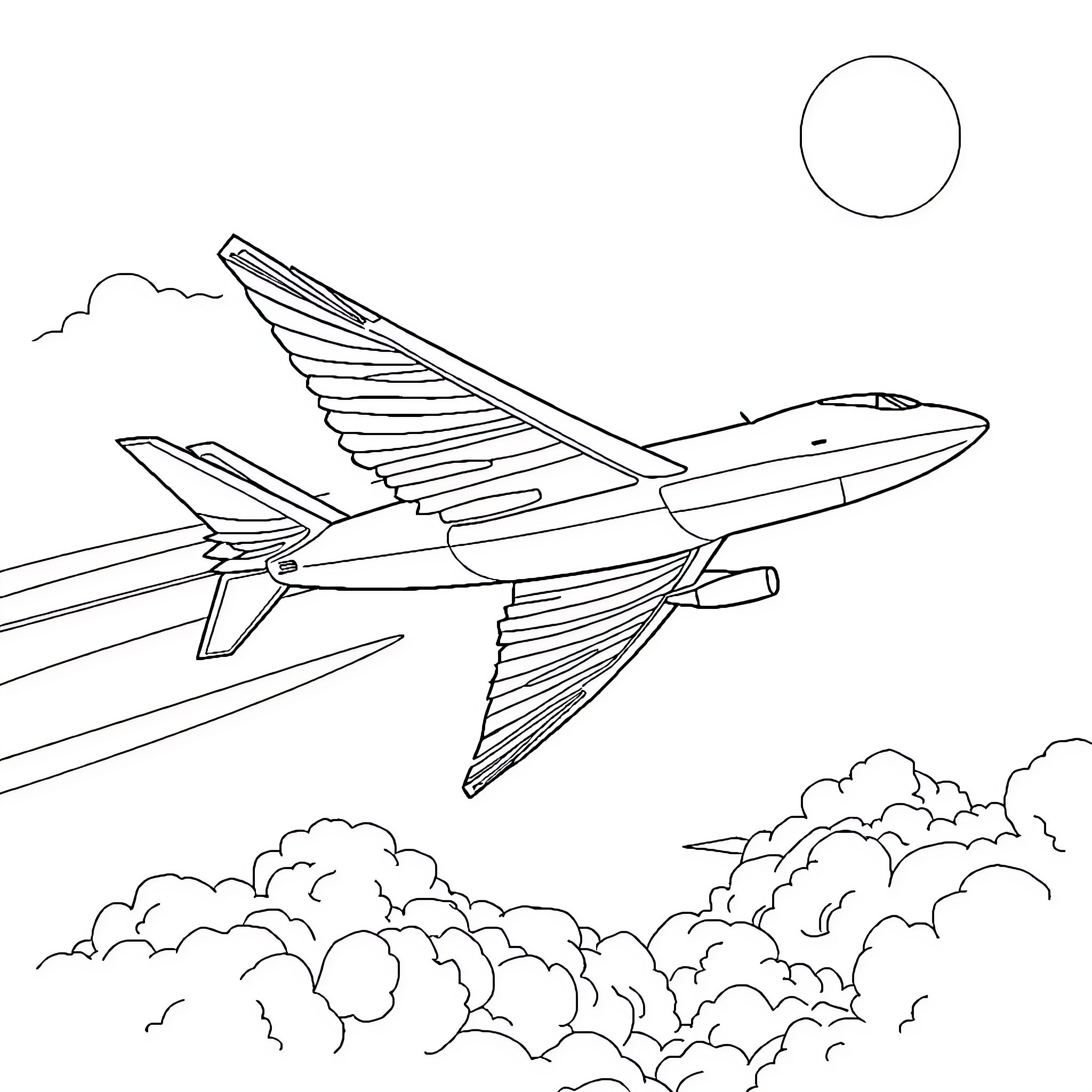 Airplane soaring through the cloudy sky Coloring Page (free black-and-white line drawing printable PDF for all, from beginners to advanced learners, including children, teens, adults, and seniors)