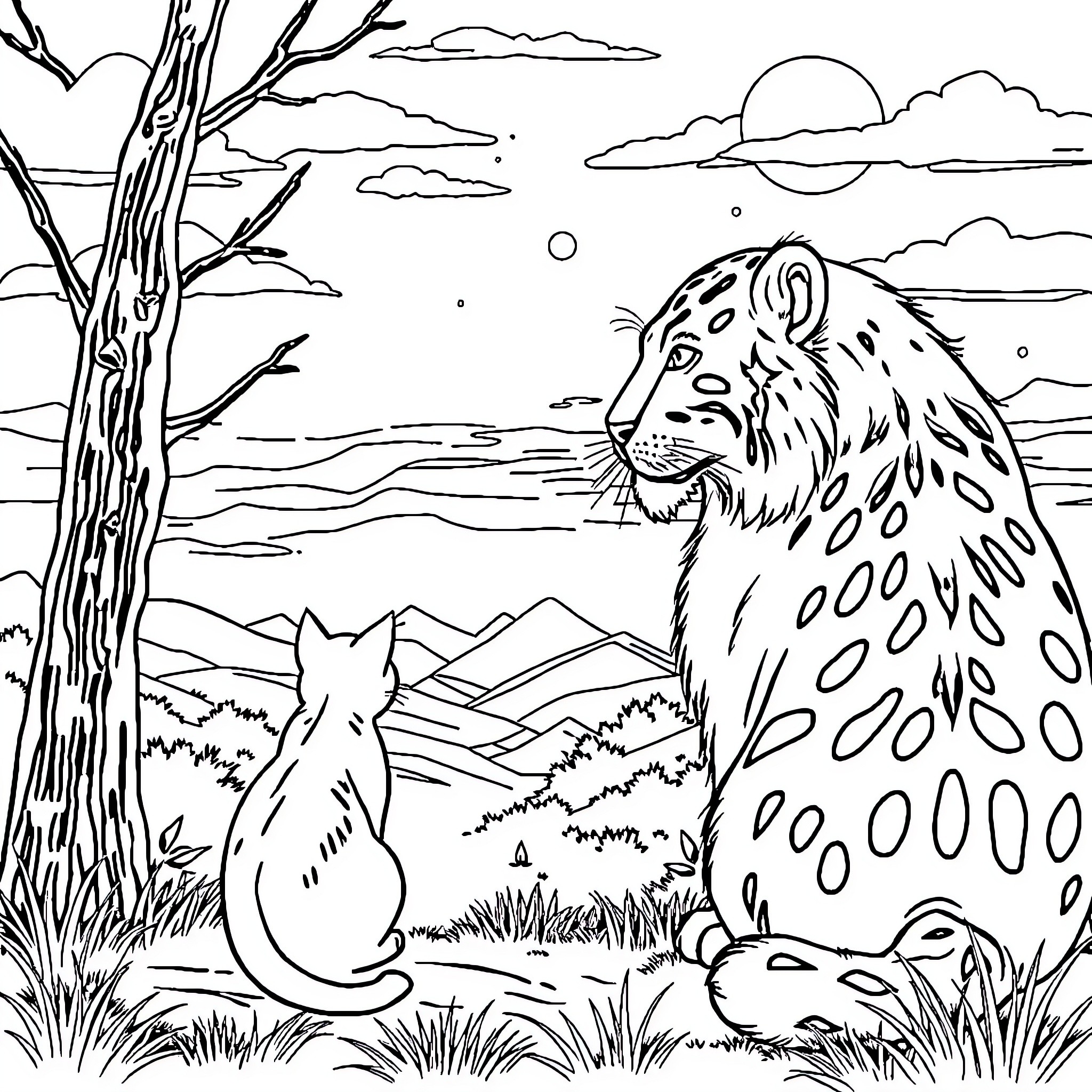 Cat and Wolf in a Serene Wilderness Coloring Page (free black-and-white line drawing printable PDF for all, from beginners to advanced learners, including children, teens, adults, and seniors)