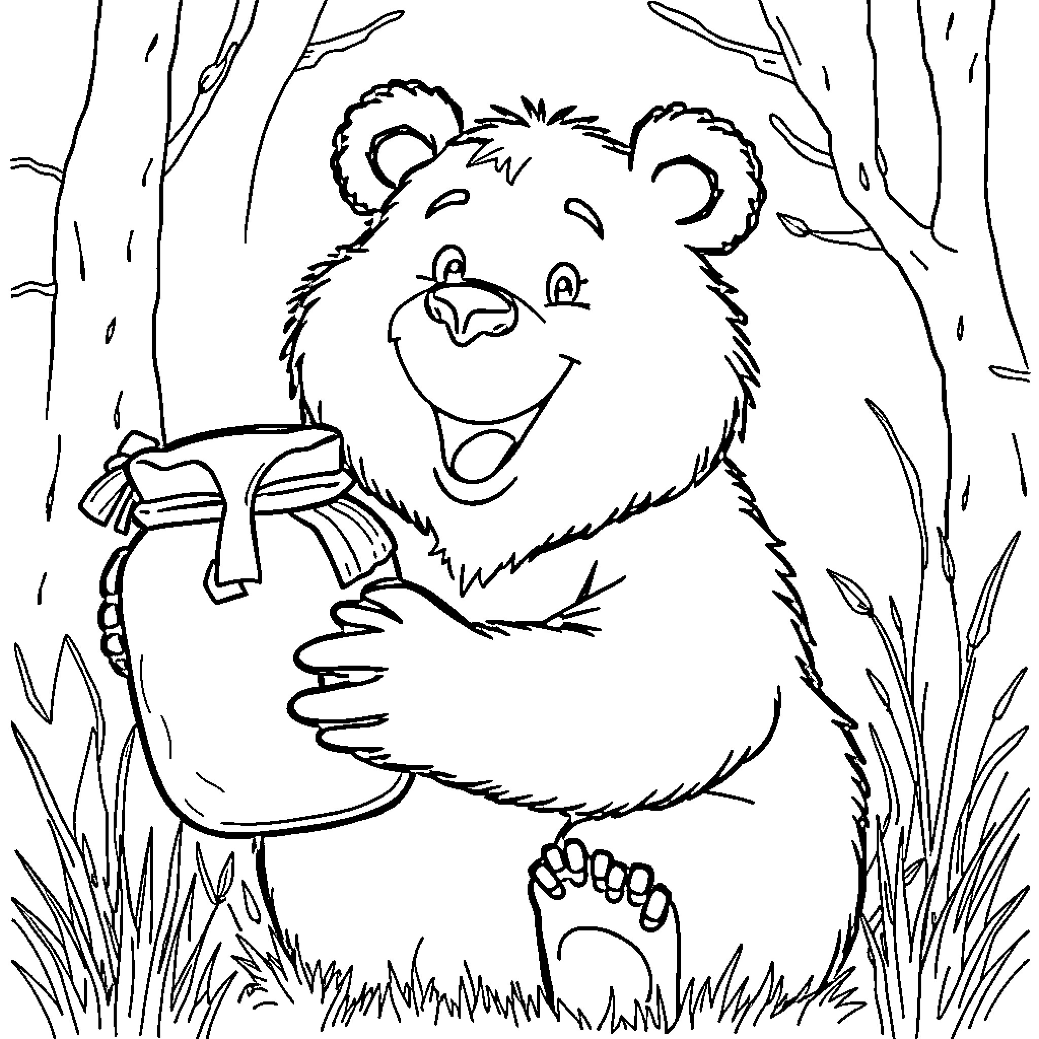 Bamse the bear in the forest with a jar Coloring Page (free black-and-white line drawing printable PDF for all, from beginners to advanced learners, including children, teens, adults, and seniors)