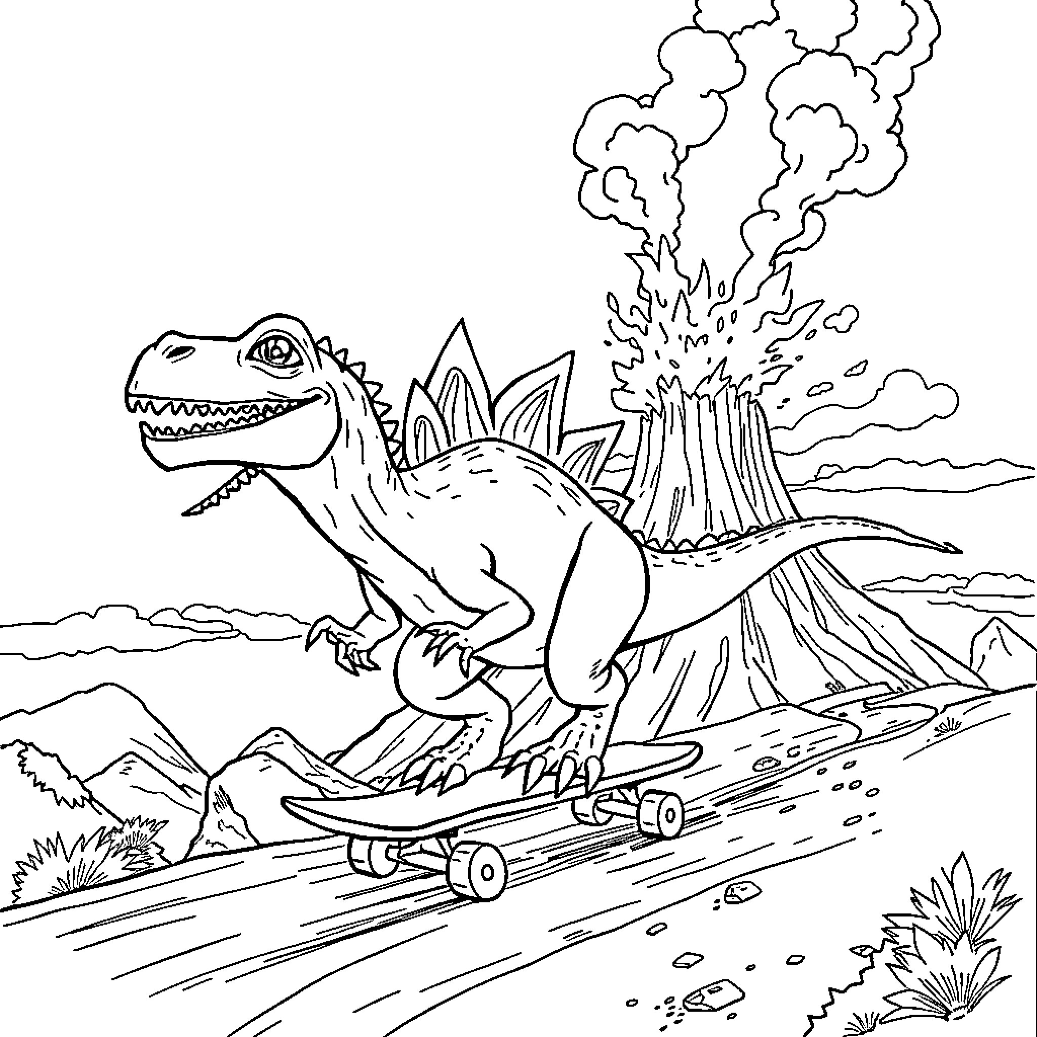 Dinosaur riding skateboard through prehistoric landscape Coloring Page (free black-and-white line drawing printable PDF for all, from beginners to advanced learners, including children, teens, adults, and seniors)