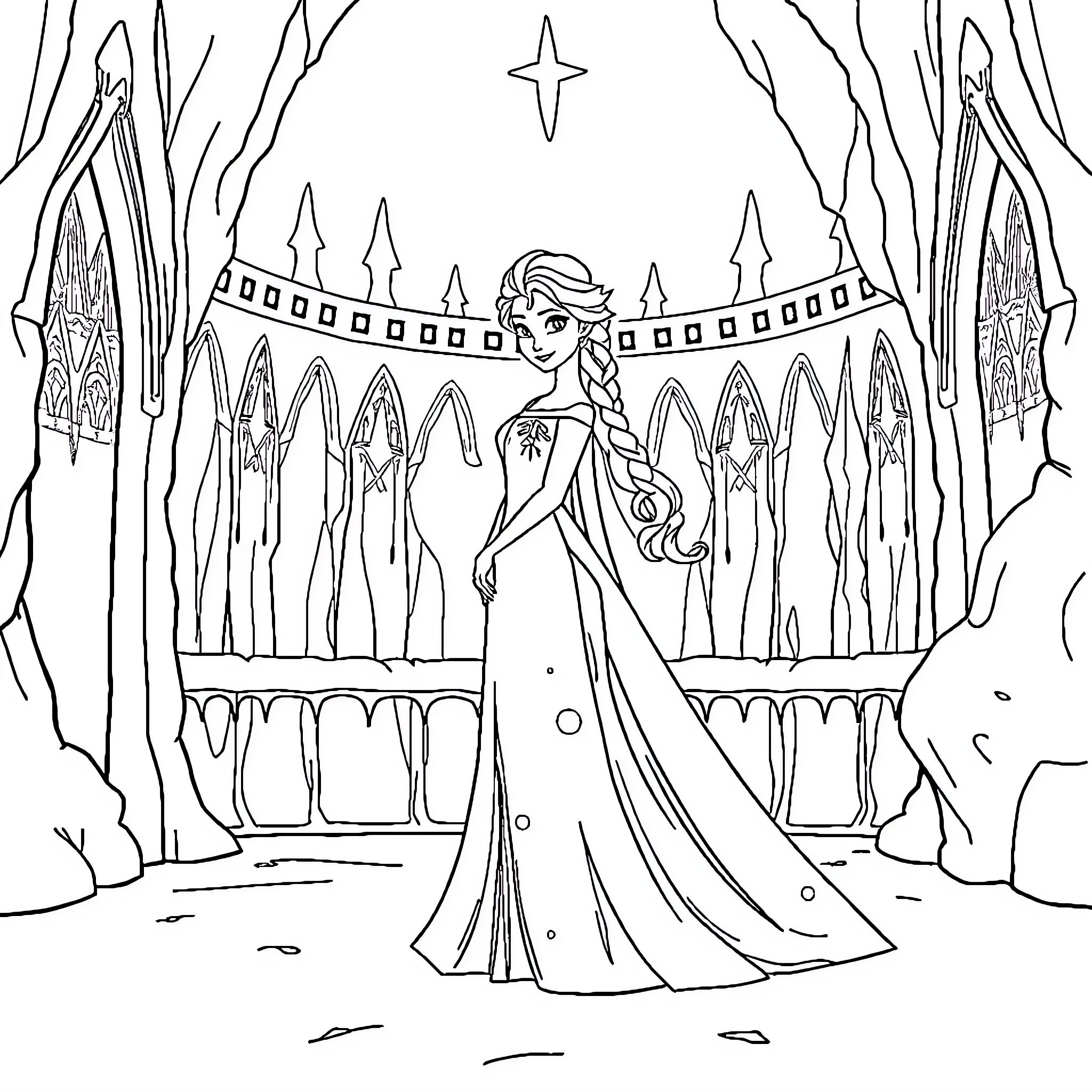 Elsa in a majestic ice castle Coloring Page (free black-and-white line drawing printable PDF for all, from beginners to advanced learners, including children, teens, adults, and seniors)