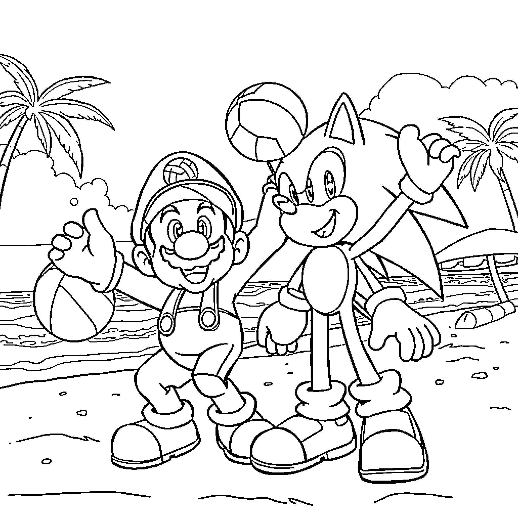 Mario and Sonic playing at the beach Coloring Page (free black-and-white line drawing printable PDF for all, from beginners to advanced learners, including children, teens, adults, and seniors)